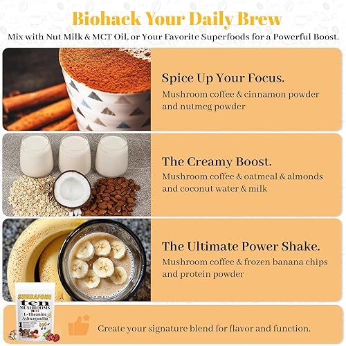 Miniatura 4 de SUNDAFONE Café de hongos con L-teanina, Ashwagandha, melena de león, reishi y 10 hongos adaptogénicos mezcla de café helado de proteína súper