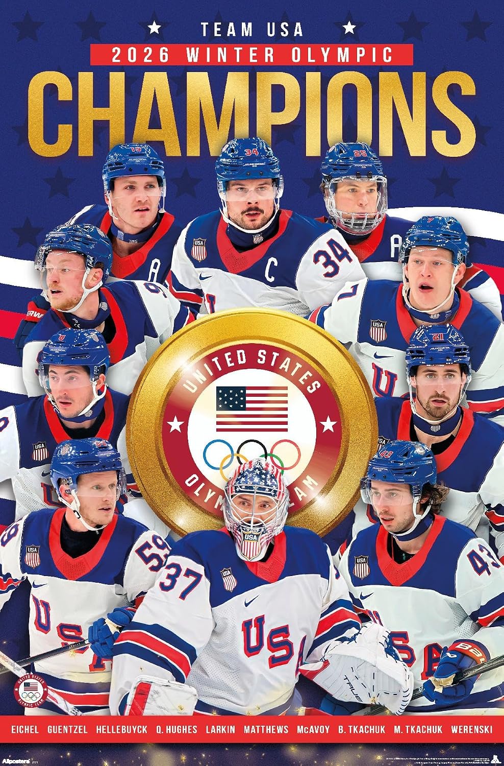 Team USA - Olympic Hockey Gold Medalists Milano Cortina 26 Wall Poster, 34L" x 22.4W", Premium Poster & Clip Bundle