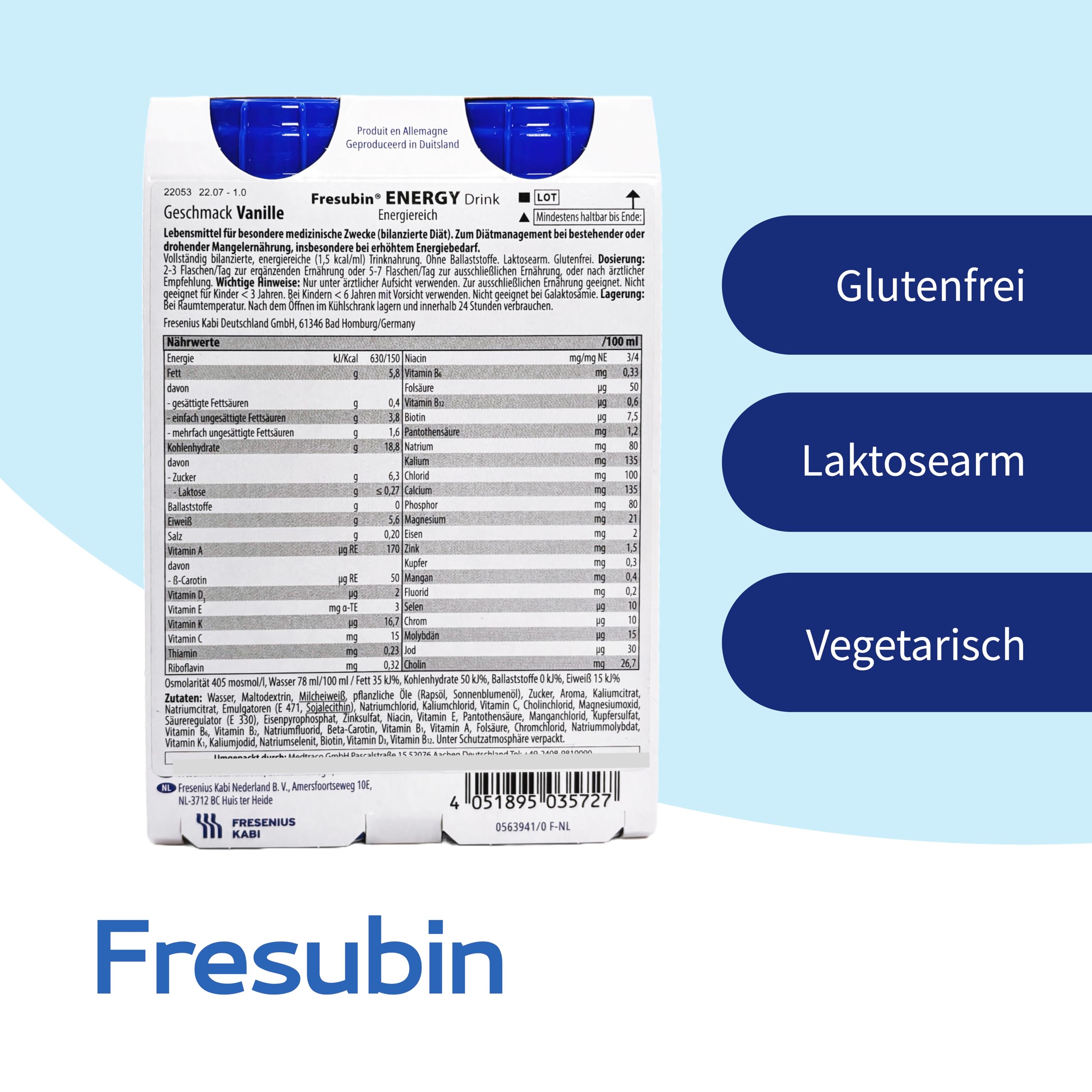 Fresubin Energy Drink - Vanille Hochkalorische Trinknahrung von Fresenius Kabi, 300 kcal pro Flasche, laktosearm, ohne Ballaststoffe ideal bei Mangelernährung (200 ml (24er Pack), Vanille)