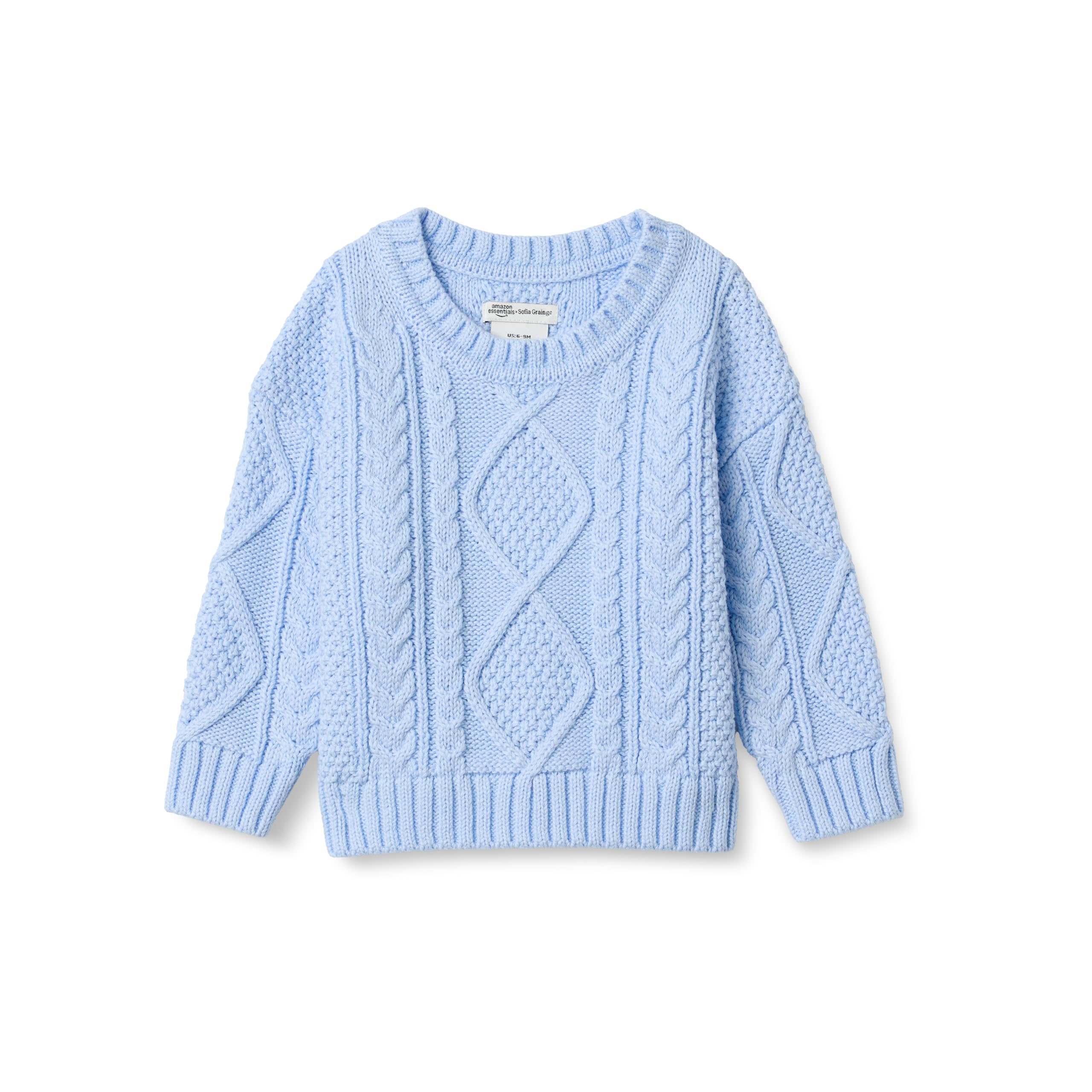 Amazon Essentials x Sofia Grainge Boys' Cable Crewneck Sweater, Light Blue, X-Small
