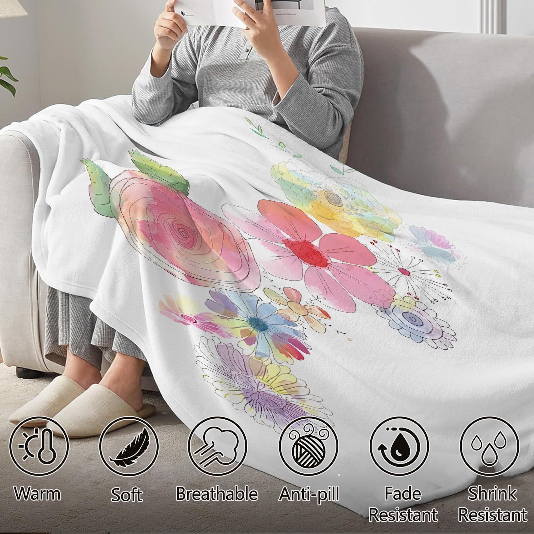 Koc z motywem kwiatowym w stylu akwarelowym Koc polarowy z mikrofibry 220 x 240 cm, lekki, miękki, ciepły i wygodny, odpowiedni do sypialni i salonu