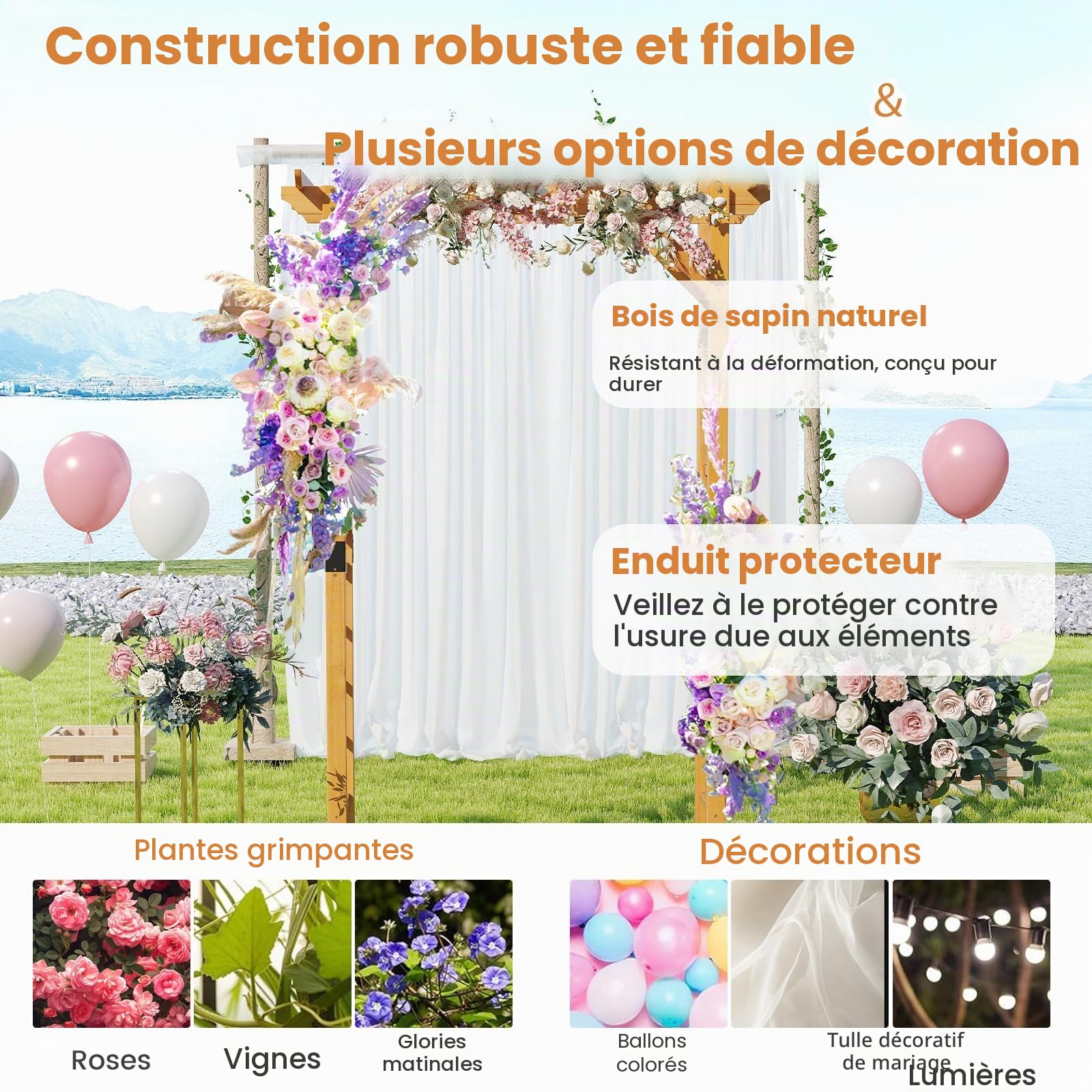 HOMASIS Arche de Jardin en Bois, Arche pour Escalade avec Auvent, Tonnelle Extérieure pour Roses et Glycines, Décoration de Jardin pour Fête et Mariage (140 x 60 x 215 cm)