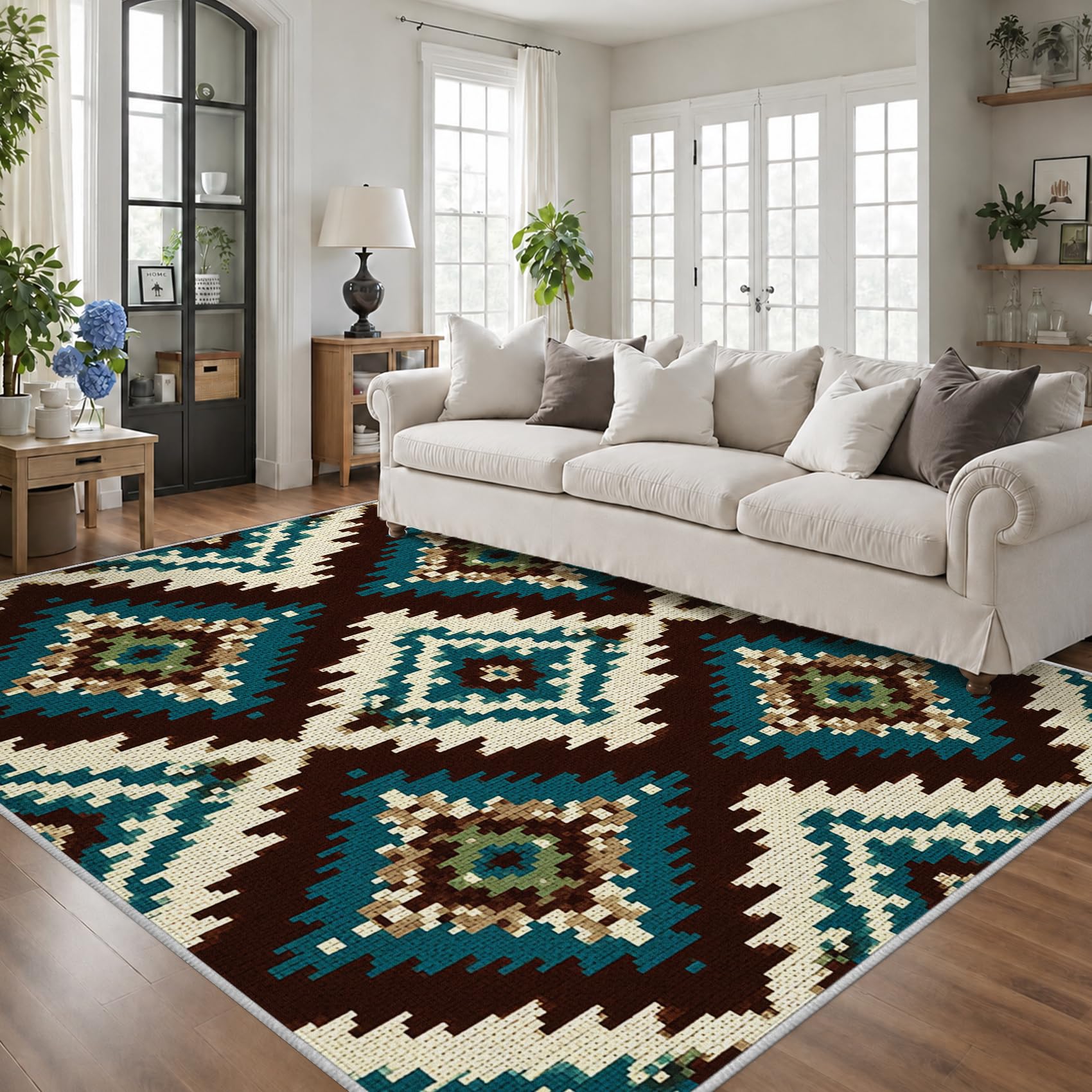 Générique Aztèque Sud-Ouest Tapis de Salon 80x150, Motif Ethnique Tribal Vintage Bohème Tapis Chambre Doux, Lavable en Machine, Poils Courts Antidérapant pour Salle à Manger, Bureau, Cuisine, Tz89x