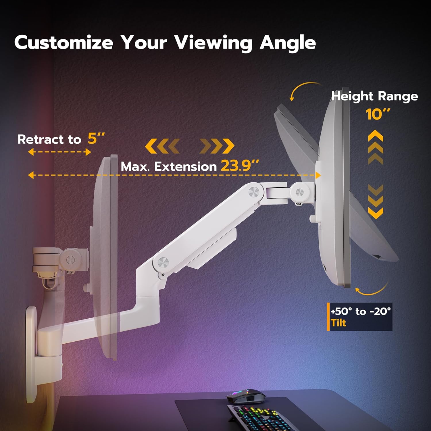 Diagram showing tilt range (+50 to -20 degrees), height range (10 inches), and maximum arm extension (23.9 inches).