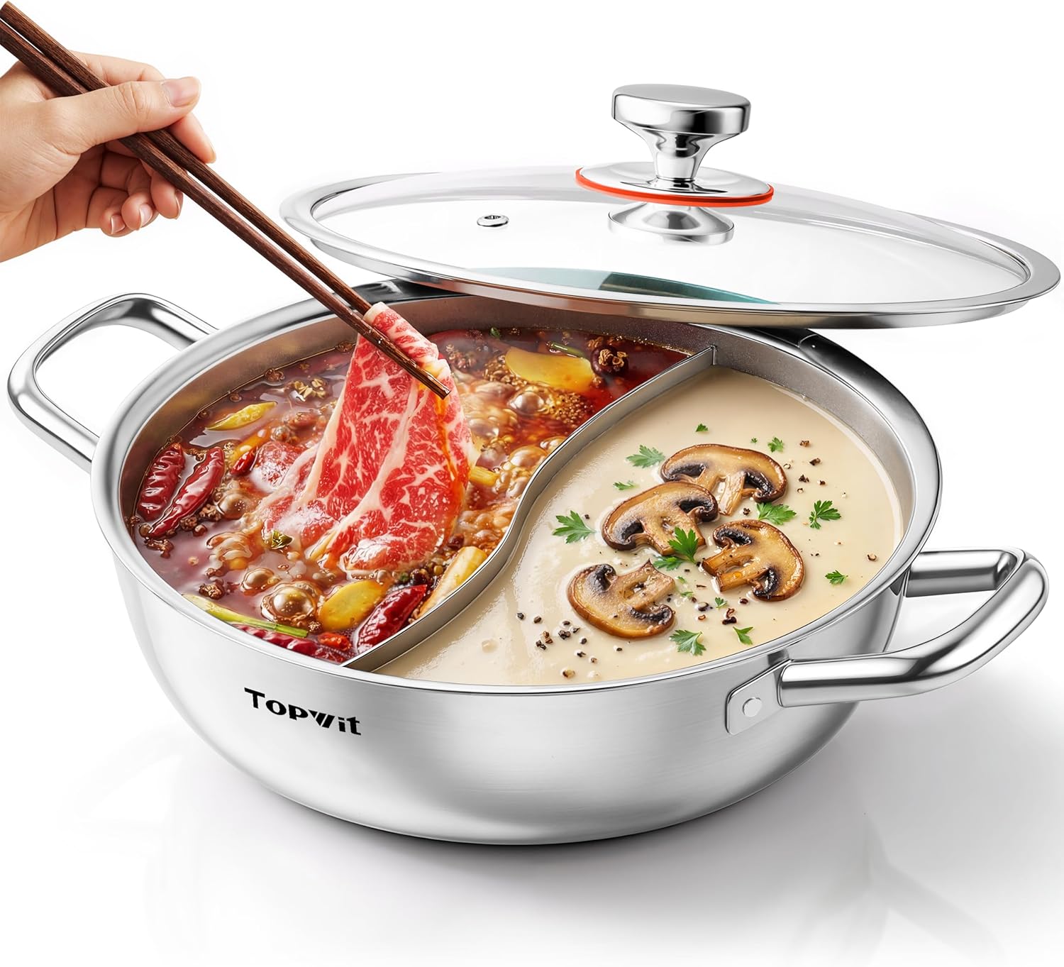 TOPWIT 3-Ply Construction 316 Stainless Steel Double-flavor Shabu Shabu Pot, 5.5QT Hot Pot with Divider, 11″ Dual Side Pot for Cooking, Hotpot for Induction Cooktop, Gas/Ceramic Cooktop, Hot Burner