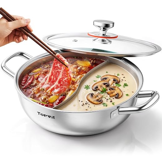 TOPWIT 5.5QT Double-flavor Shabu Shabu Pot, Hot Pot with Divider | 3-Ply Construction, 316 Stainless Steel, 11″ Dual Side Pot for Cooking, Hotpot for Induction/Gas/Ceramic Cooktop, Hot Burner