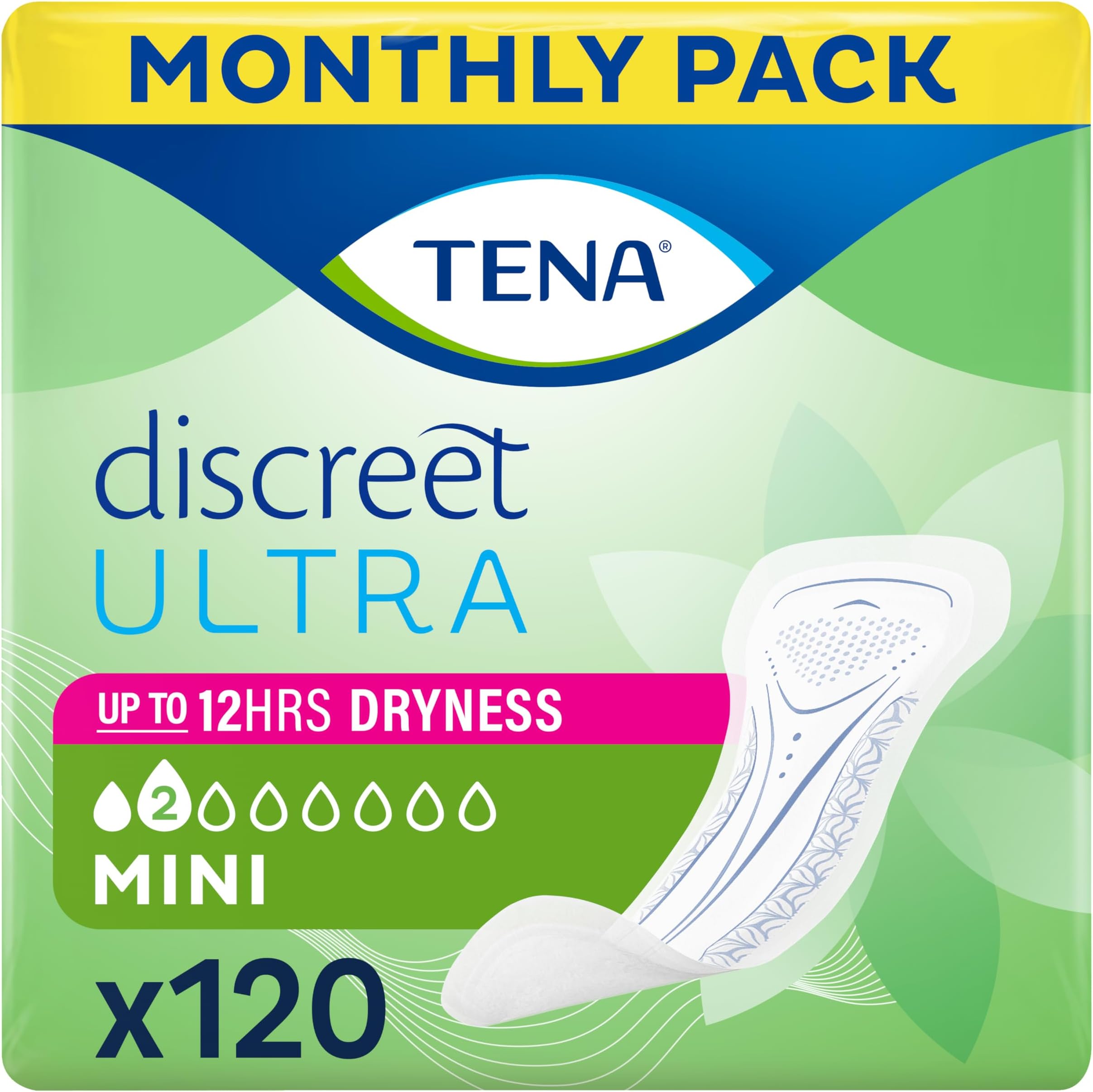Tena Discreet Ultra Pad Mini Incontinence Pads for Women with Light Bladder Leaks, Thinnest Design Ever, Specifically Designed for Discreet Protection 6x20p