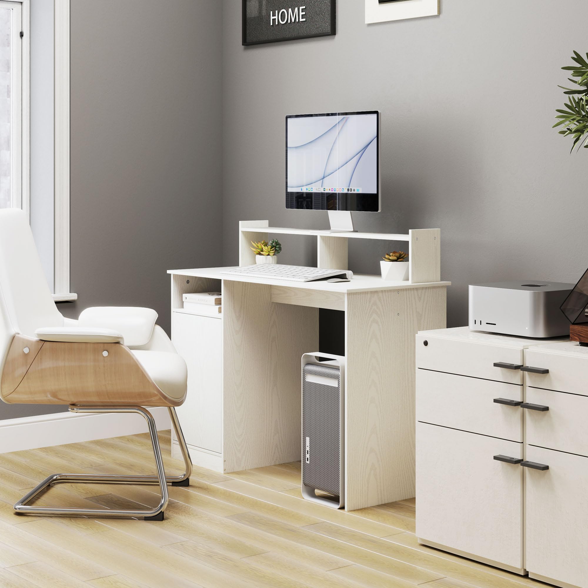 HOMCOM Escritorio con Estantería Moderno con Puerta 108x50x94 cm Crema | Compartimentos Abiertos, Soporte para Monitor, Mesa para Estudio, Dormitorio, Hogar, Oficina