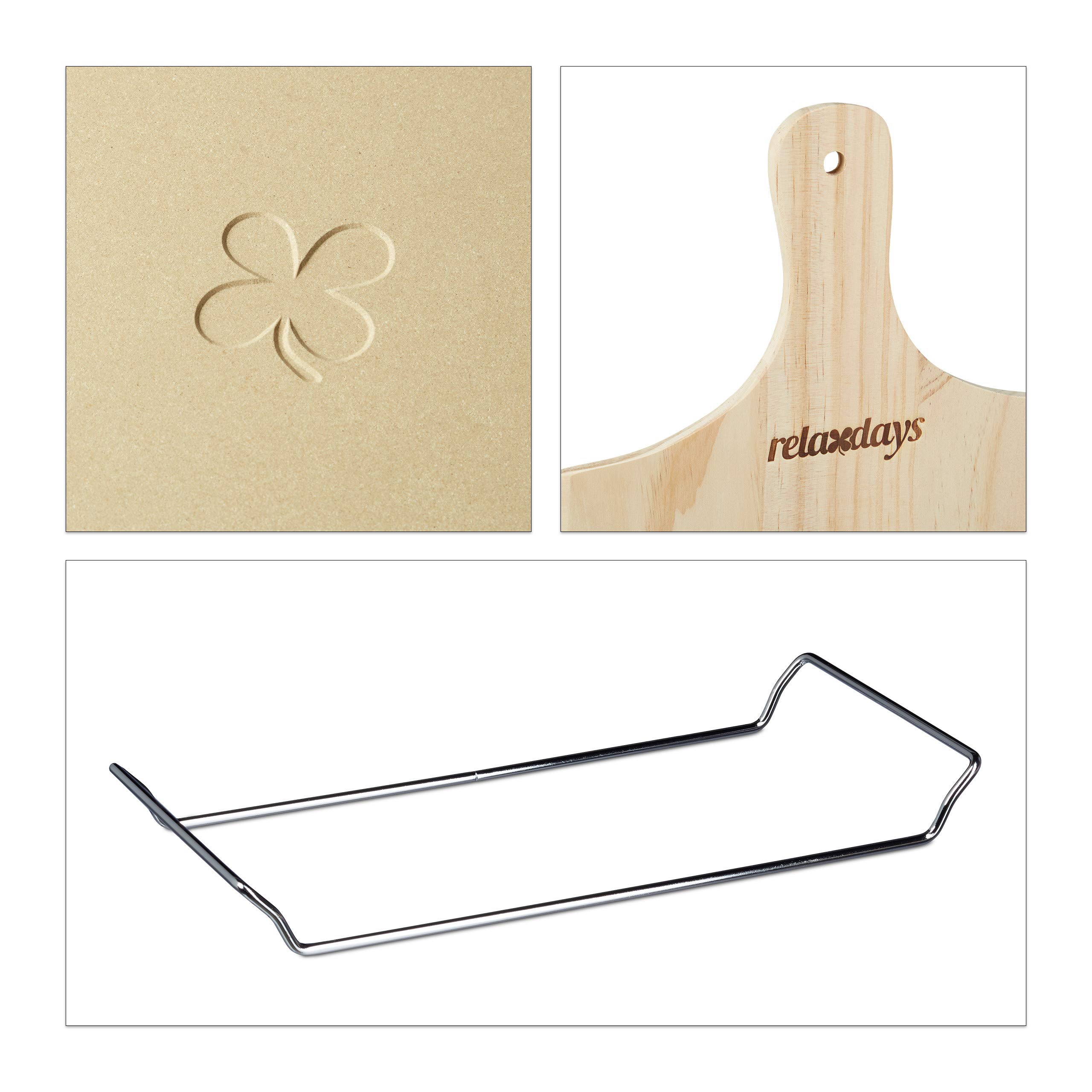 Relaxdays 10020491 Pierre à pizza ronde 1 cm avec support en métal pierre à pain cuisson four pelle à pizza bois spatule HxlxP: 4 x 32 x 32 cm, nature