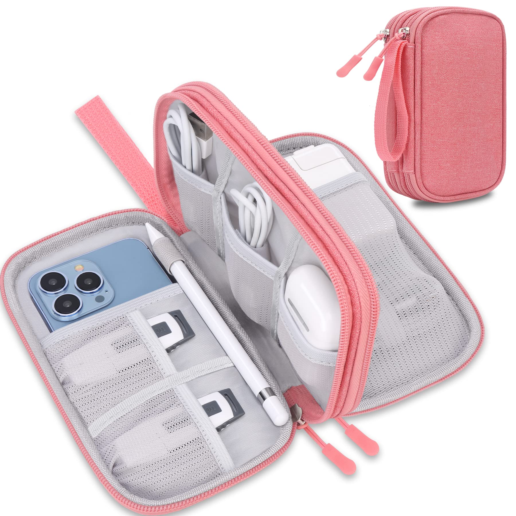 Lacdo Electronic Organizer, Travel Cable Organizer Bag Pouch Tech Electronic Accessories Carry Case Portable Double Layers Charger Case for Cable, Cords, Charger, Phone, Earphone, Power Bank, Pink