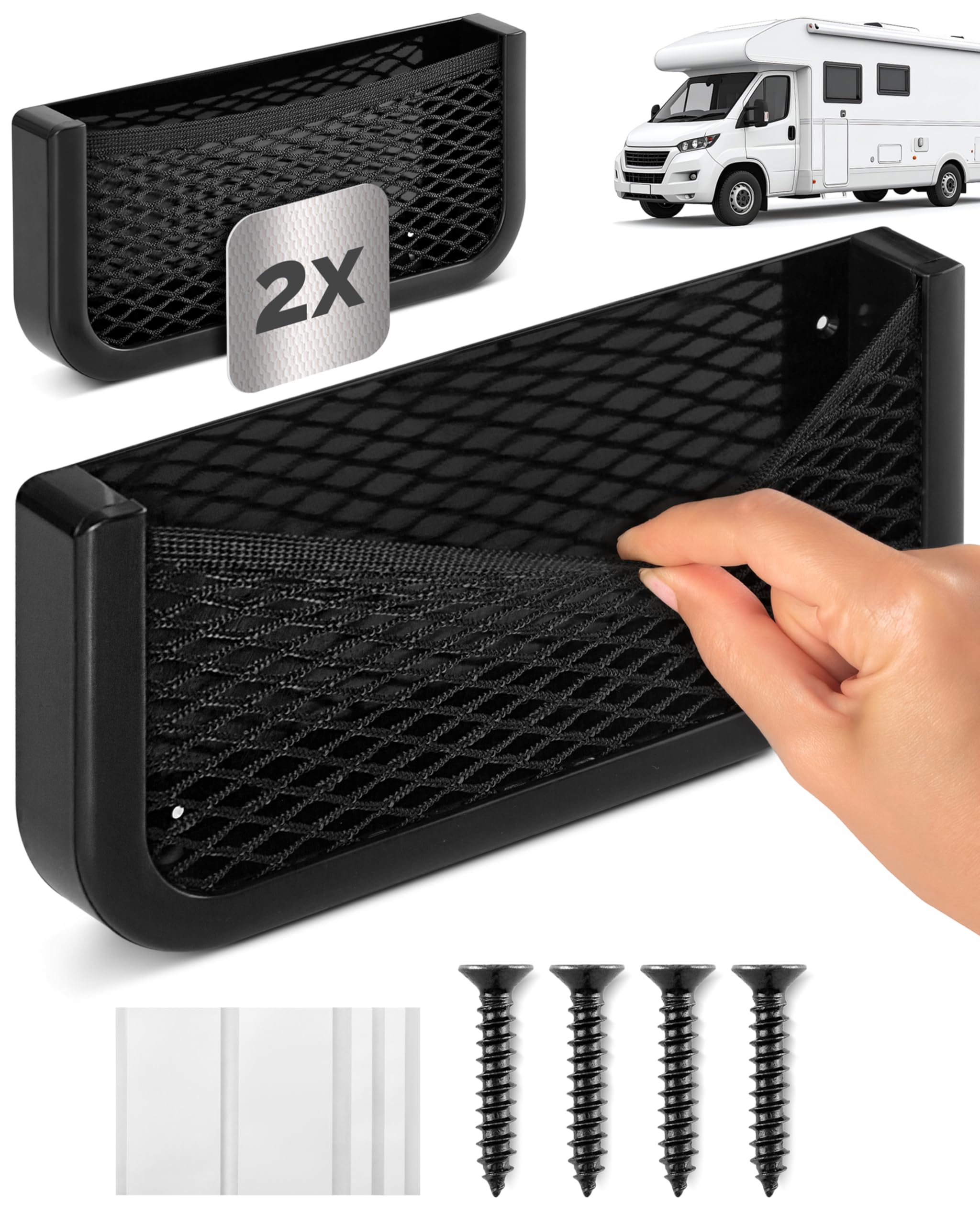Vicera Ensemble de filets de rangement pour camping-car et caravane - 2 pièces - Filet de rangement en plastique robuste et filet élastique - Matériel de montage inclus