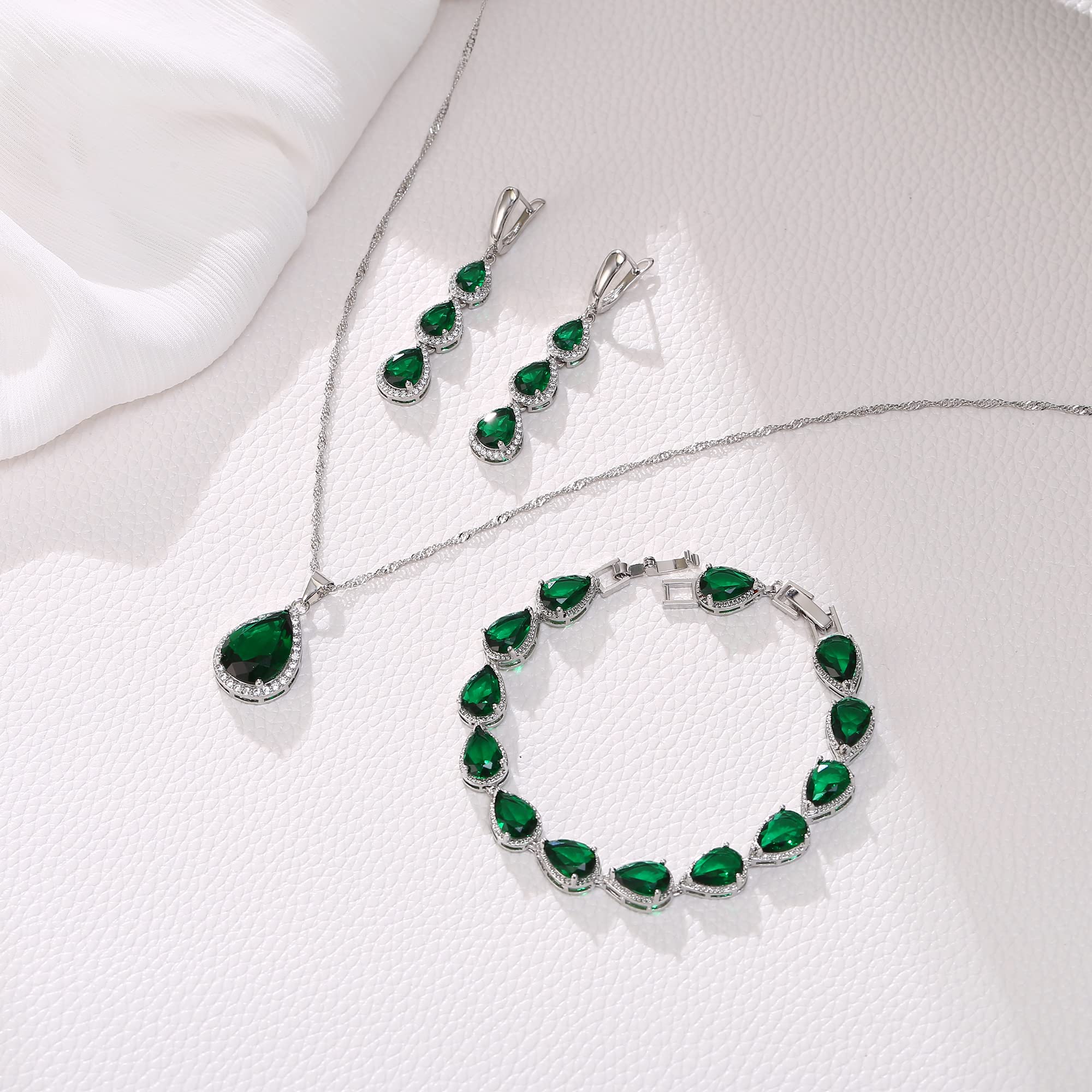 Juegos de Joyas de Mujer Conjunto de Joyería de la Boda para Las Mujeres Chapado en Plata Lágrima Circonita Cúbica Collar Pendientes Colgantes Largos Pulsera de Fiesta
