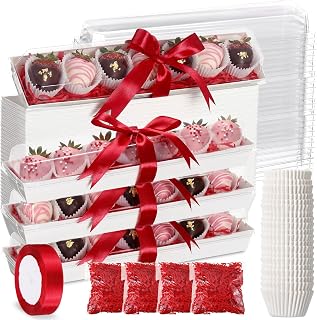 Valentine Chocolate Strawberry Boxes with Clear Lids Disposable Macaron Boxes with Paper Food Trays Bags Raffia to Go Dessert Containers Serving Trays Gifts for Bakery Cookies