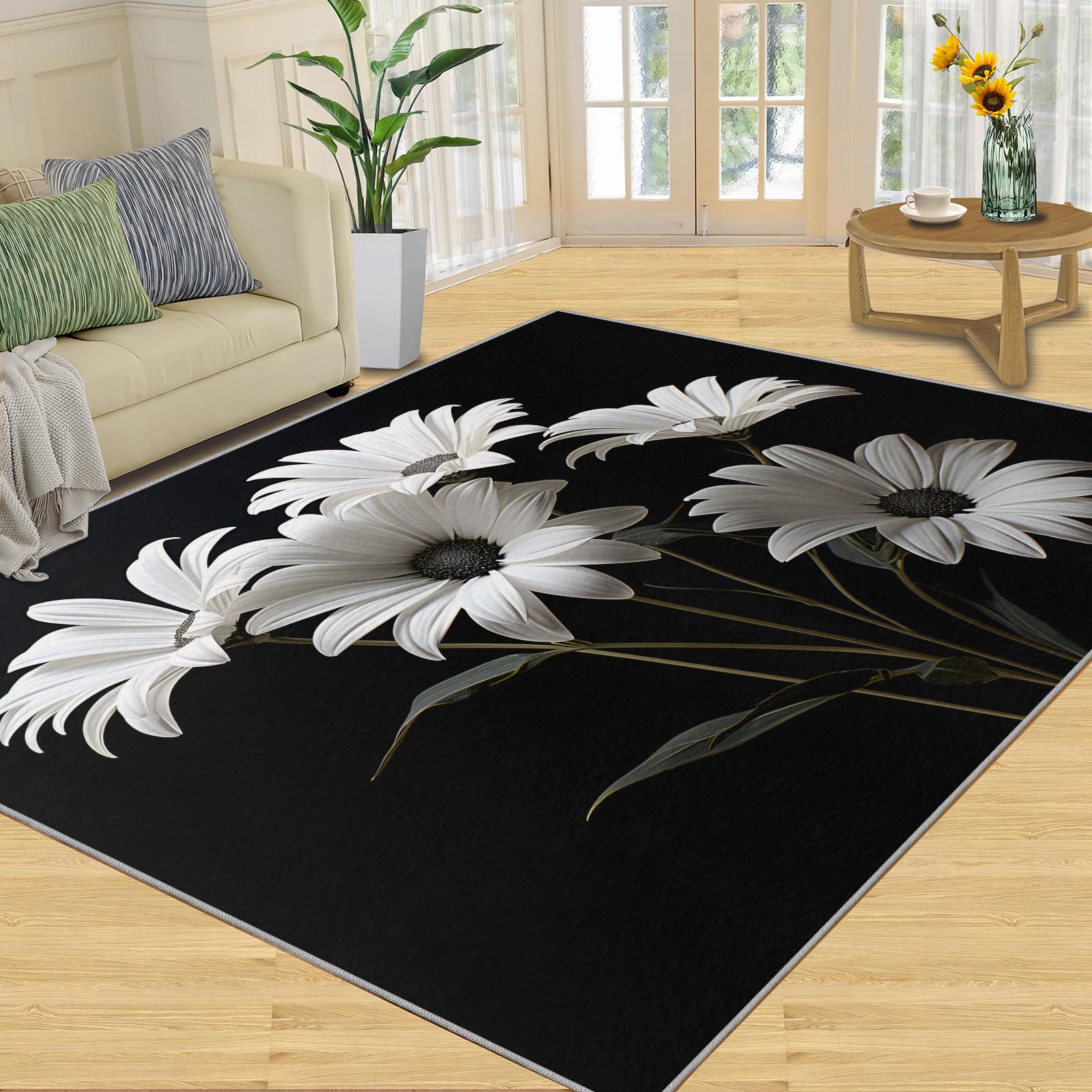 Daisy Rug Runners for Hallways, Sunflower Non Slip 2x6 Washable Rug, Gray Floral Area Rug, Black Decor Indoor Carpet Runner for Kitchen Room