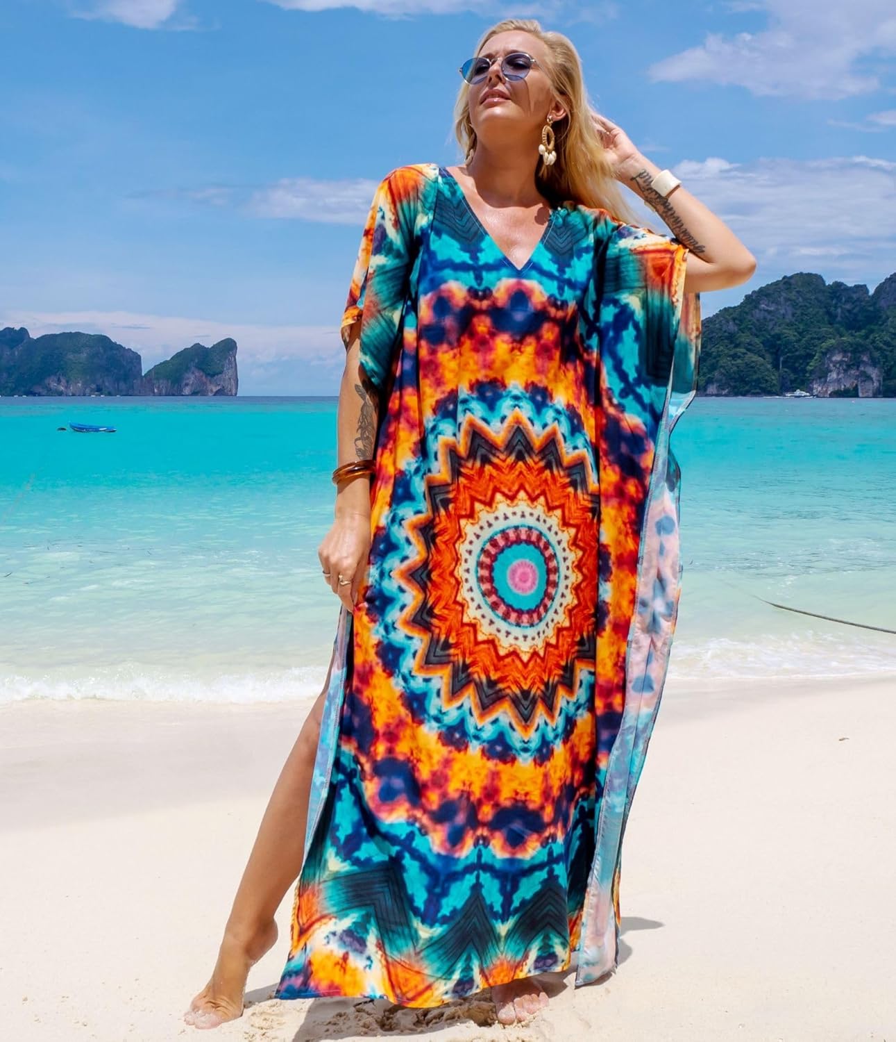 Women's Plus Size Moroccan Print V-Neck Batwing Kaftan Loose Fit Beach Dress Bathing Suit Cover Up - Image 8