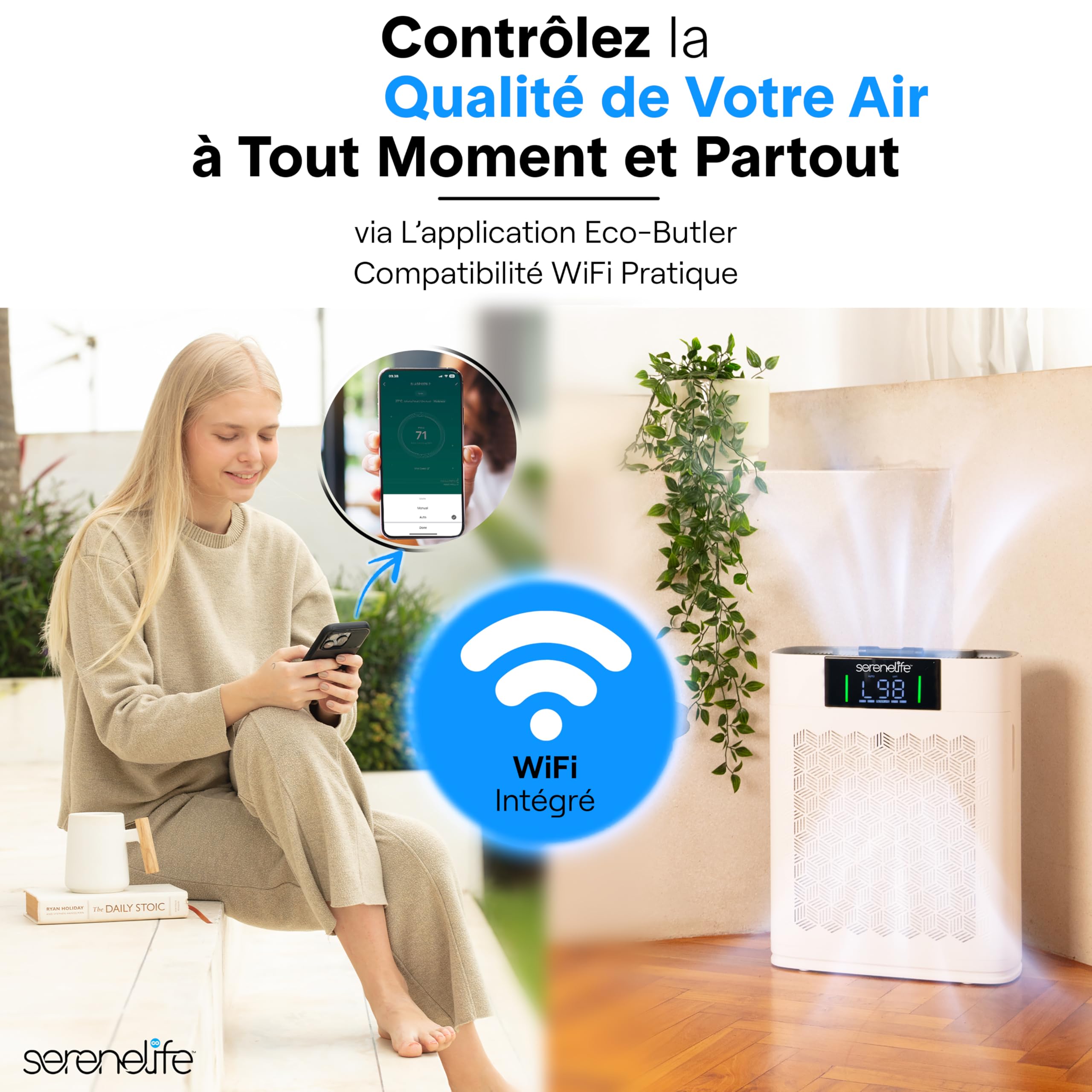 Serenelife Purificateur d’Air HEPA Intelligent – Jusqu’à 170 m², WiFi et App, Ultra Silencieux, Élimine poussière, poils d’animaux et odeurs, idéal pour allergies, Pour Maison, Bureau - Blanc