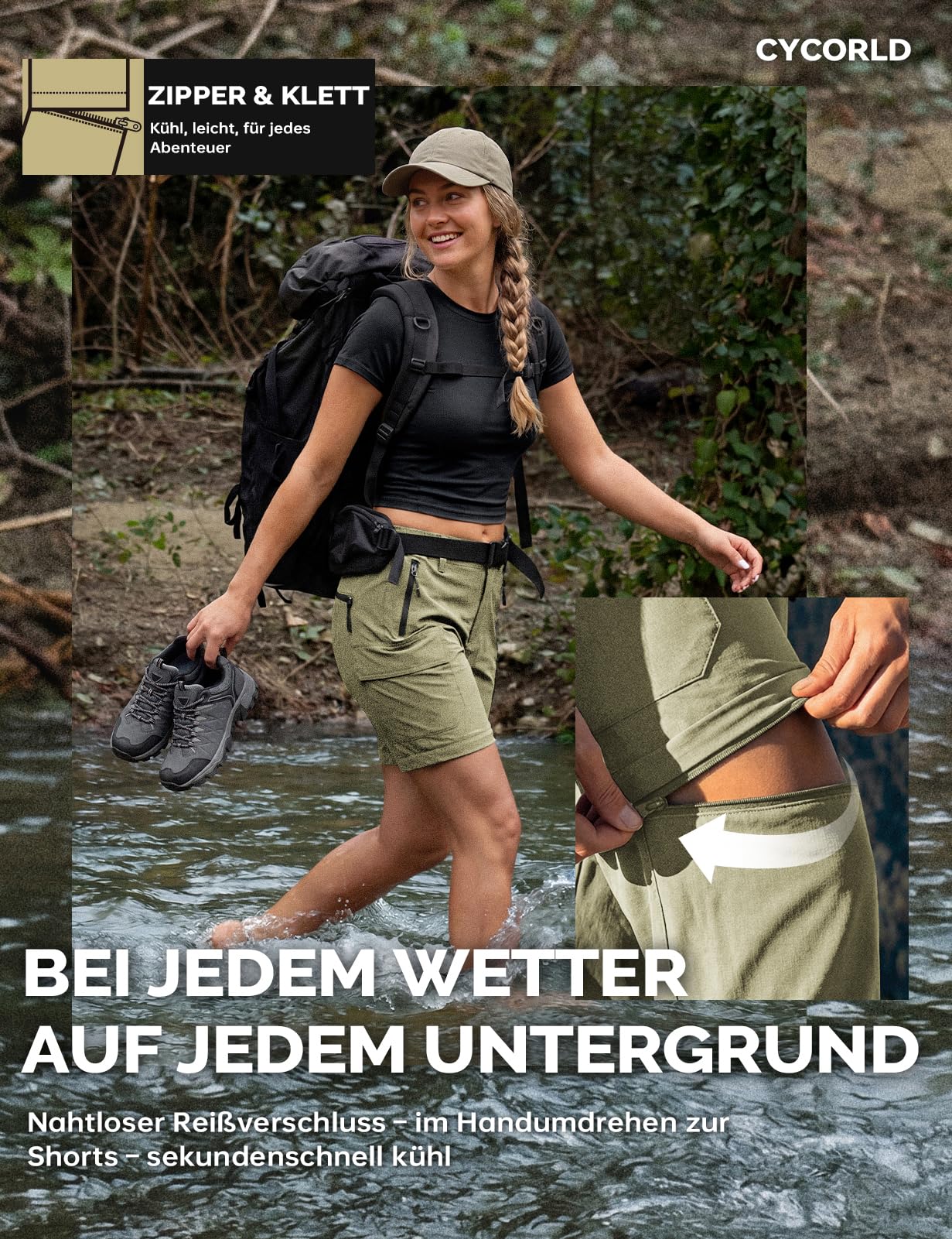 Cycorld Pantaloni da trekking da donna, con cerniera, traspiranti, da trekking, elasticizzati, rimovibili, per attività all'aria aperta, estivi, funzionali