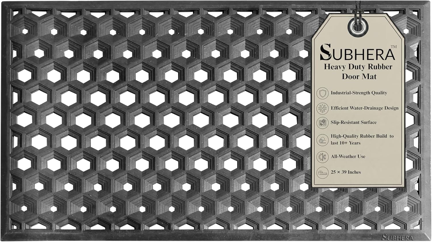 Subhera Heavy Duty Rubber Door Mat with Drainage Design – Non-Slip Mat for Front Door, Patio, Porch, Pool & Garage – All-Weather Water Drain & Dirt Scraper Mat (25"X39")