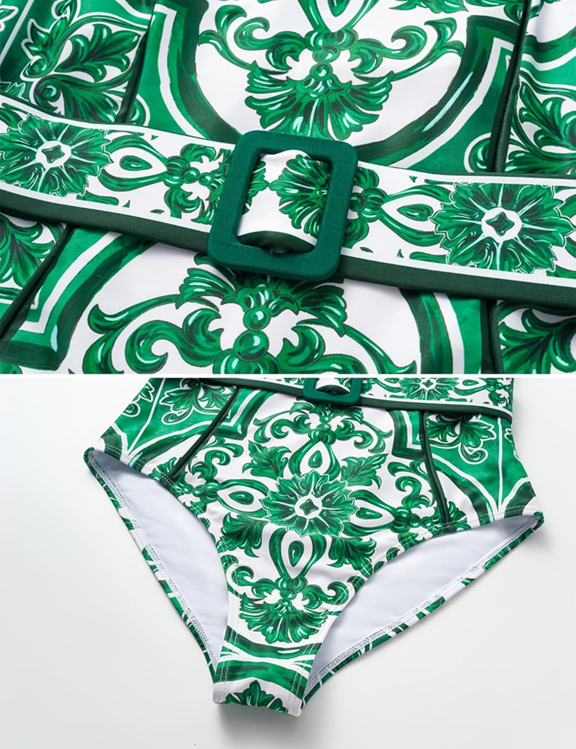 FLAXMAKER Classic Majolica Pattern Print Adjustable Shoulder Straps One Piece Swimsuit and Pants or Skirt