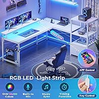 Vista 7 de SEDETA White L Shaped Desk with Fabric Drawer, Reversible 51” Corner Desk with Storage Shelves, L Shaped Gaming Table with LED Strip, Power Outlet