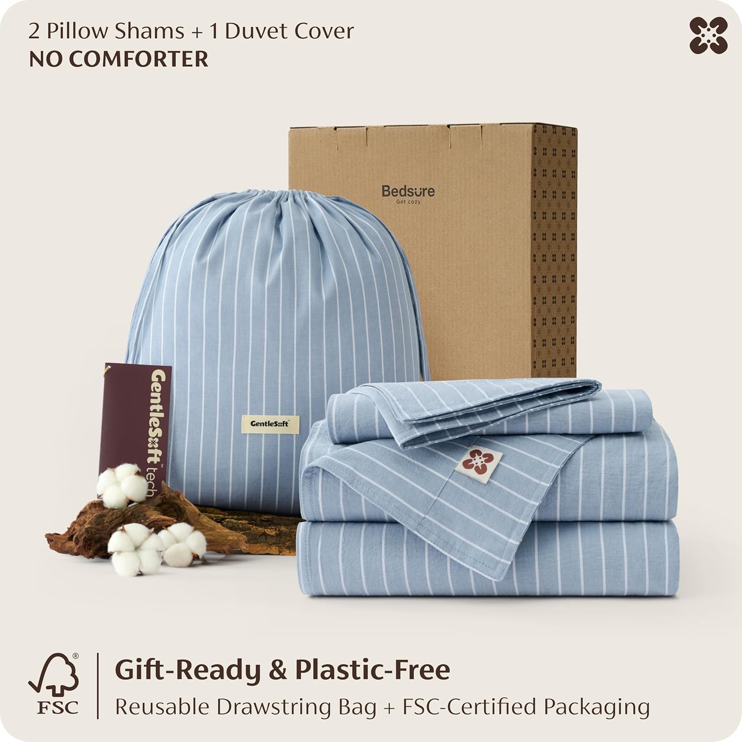Bedsure Striped Duvet Cover Queen, 100% Washed Cotton Duvet Cover Linen‑Like, PureWoven with Reversible Yarn‑Dyed Design & Double‑Stitch Craft, 3-Piece with Zipper, Stripes Cornflower Blue, 90"x90"