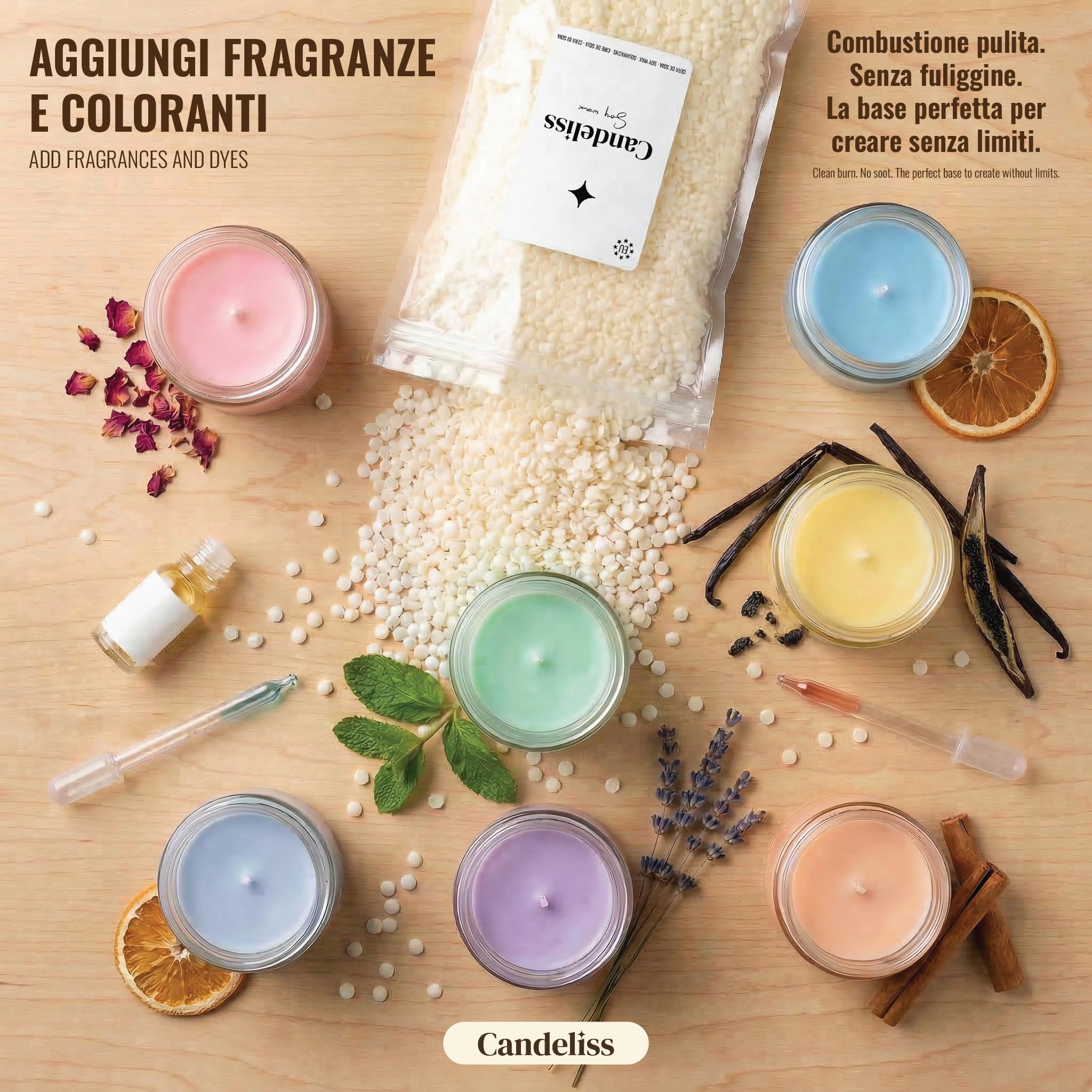CANDELISS Cera di soia per Candele in Vaso 2kg. Cera Naturale vegetale per Candele con Punto di Fusione Basso per Creare Candele Fatte in casa Soy Wax for Candle Making (2kg)