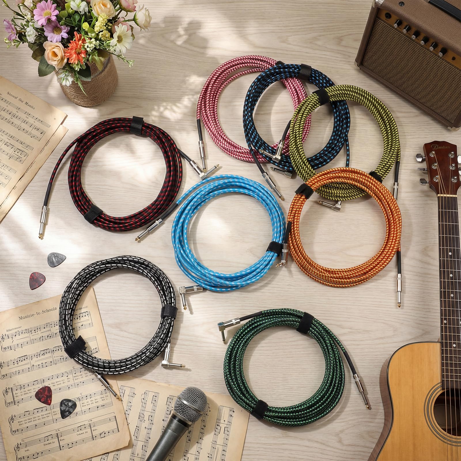 Paquete de 8 cables de instrumento de guitarra de 20 pies, TS recto a recto, cable de cobre profesional para guitarra eléctrica, bajo, teclado, amplificador, mezclador, audio profesional