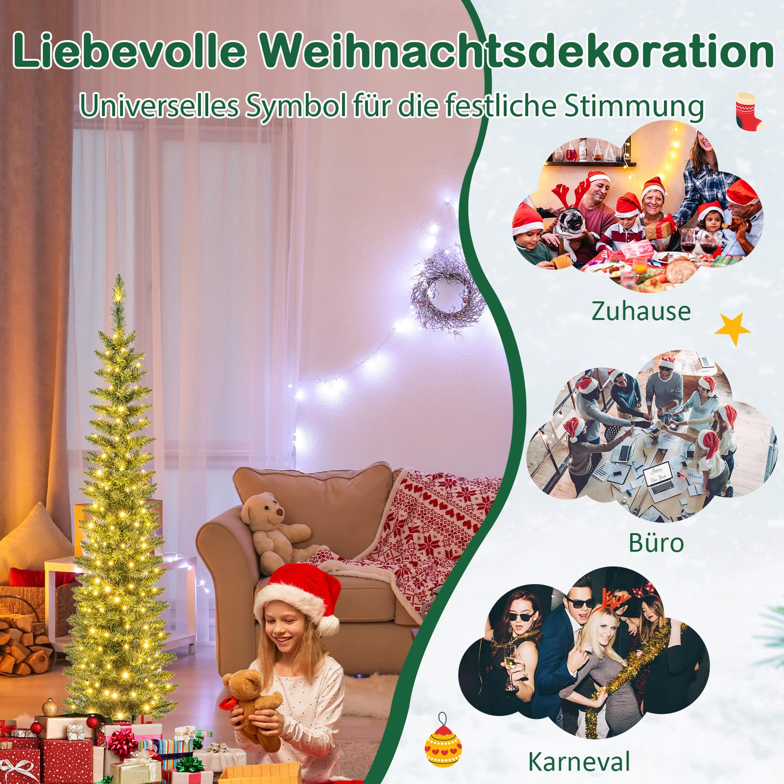 COSTWAY 150 cm Künstlicher Weihnachtsbaum mit Beleuchtung, Bleistift Tannenbaum mit 150 warmweißen LED-Lichtern, Christbaum schmal, Kunstbaum Weihnachten für Zuhause, Grün