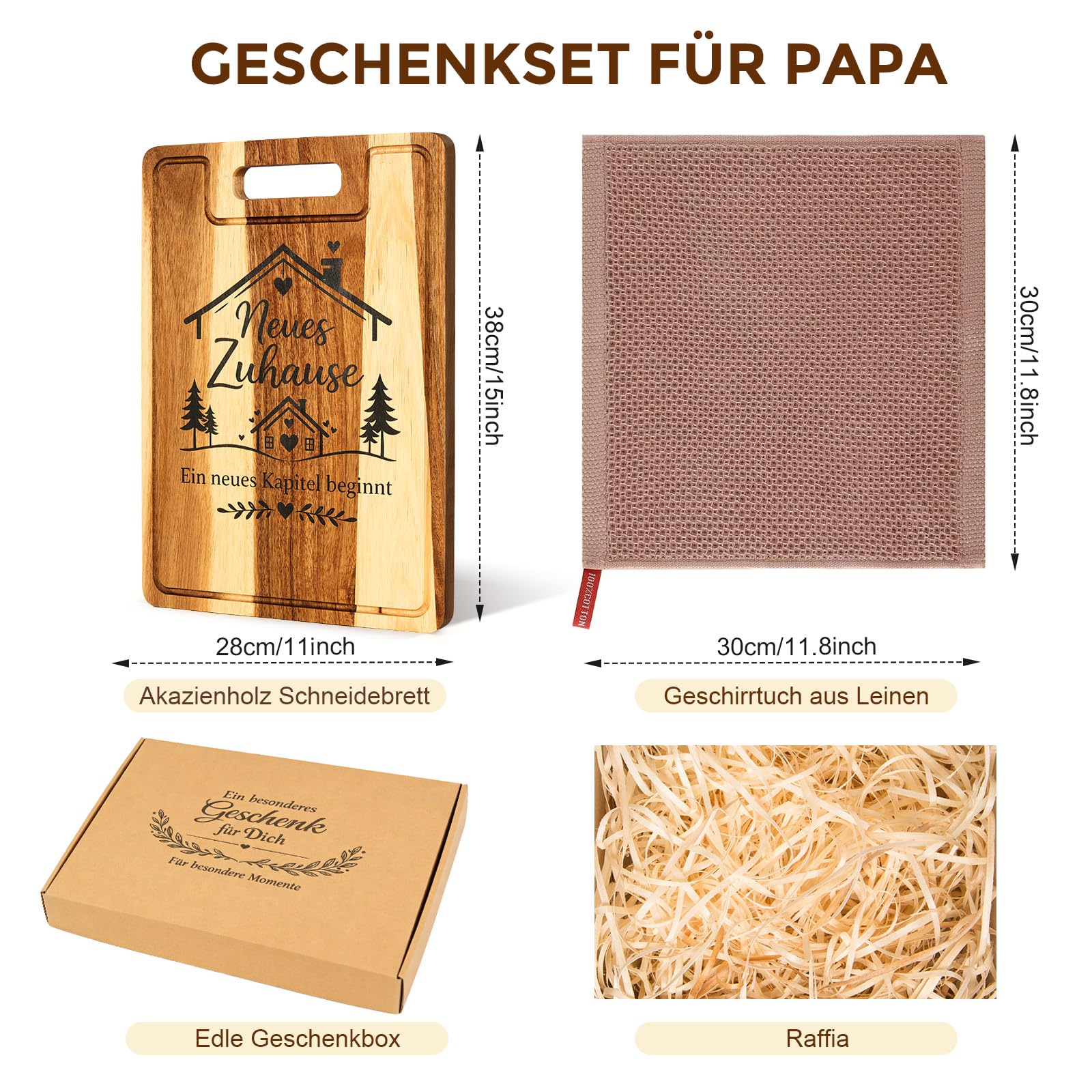 Einzugsgeschenke Wohnung - 38x28x2cm Akazienholz Schneidebrett mit Saftrille - Edles Einweihungsgeschenk Wohnung, Geschenk zum Einzug ins Haus, Richtfest Geschenk mit Leinentuch & Geschenkbox