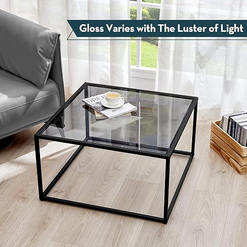 Miniatura 7 de SAYGOER Glass Coffee Table, Small Modern Coffee Table Square Simple Center Tables for Living Room 26.7 x 26.7 x 17.7 Inches, Gray Black Gris,Negro