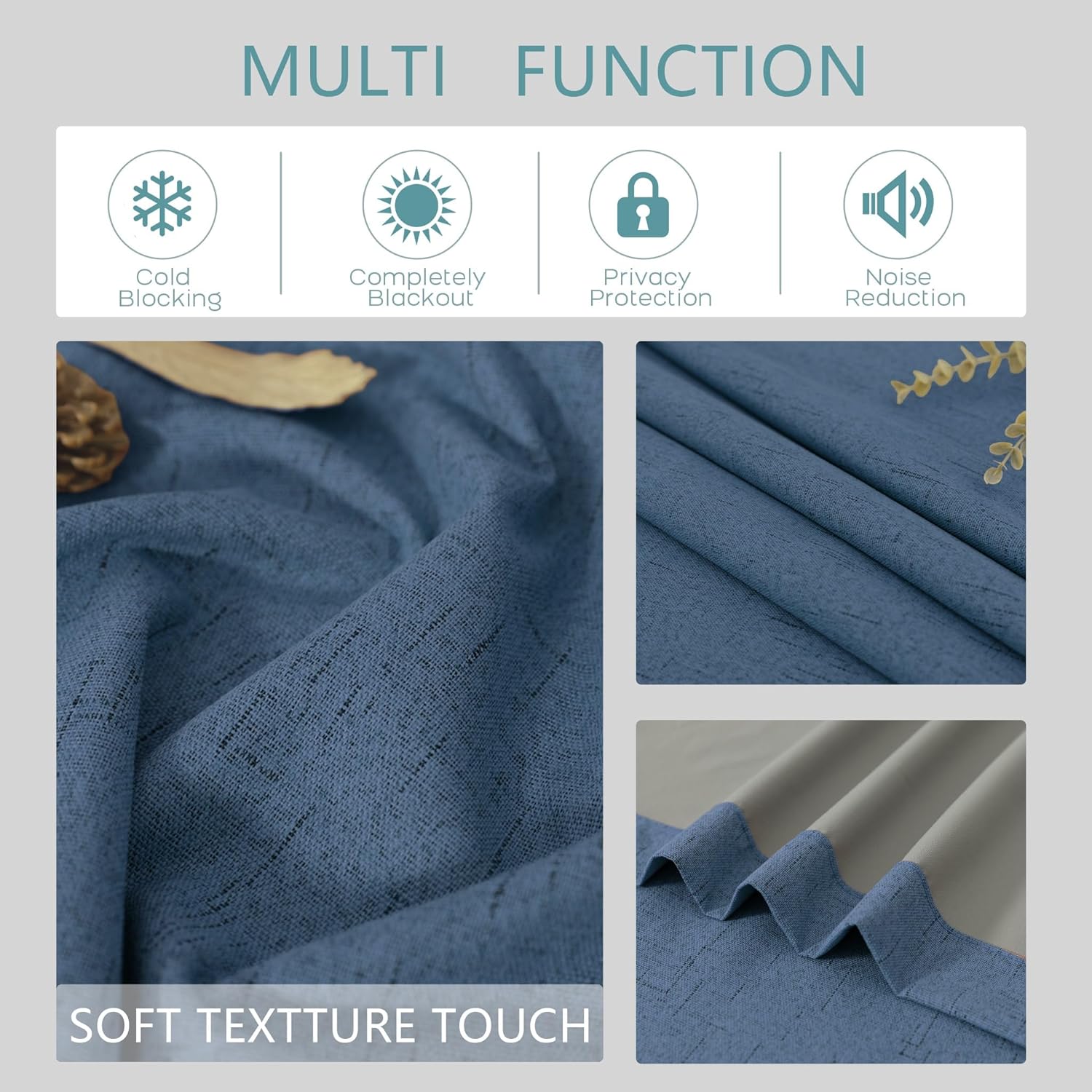 Mrs.Naturall 108 Inch Linen Blackout Denim Blue Curtains, Farmhouse Coastal 9FT Long Black Out Grommet Drapes for Living Room, Wide 52 x 9 FT, Set of 2 Panel