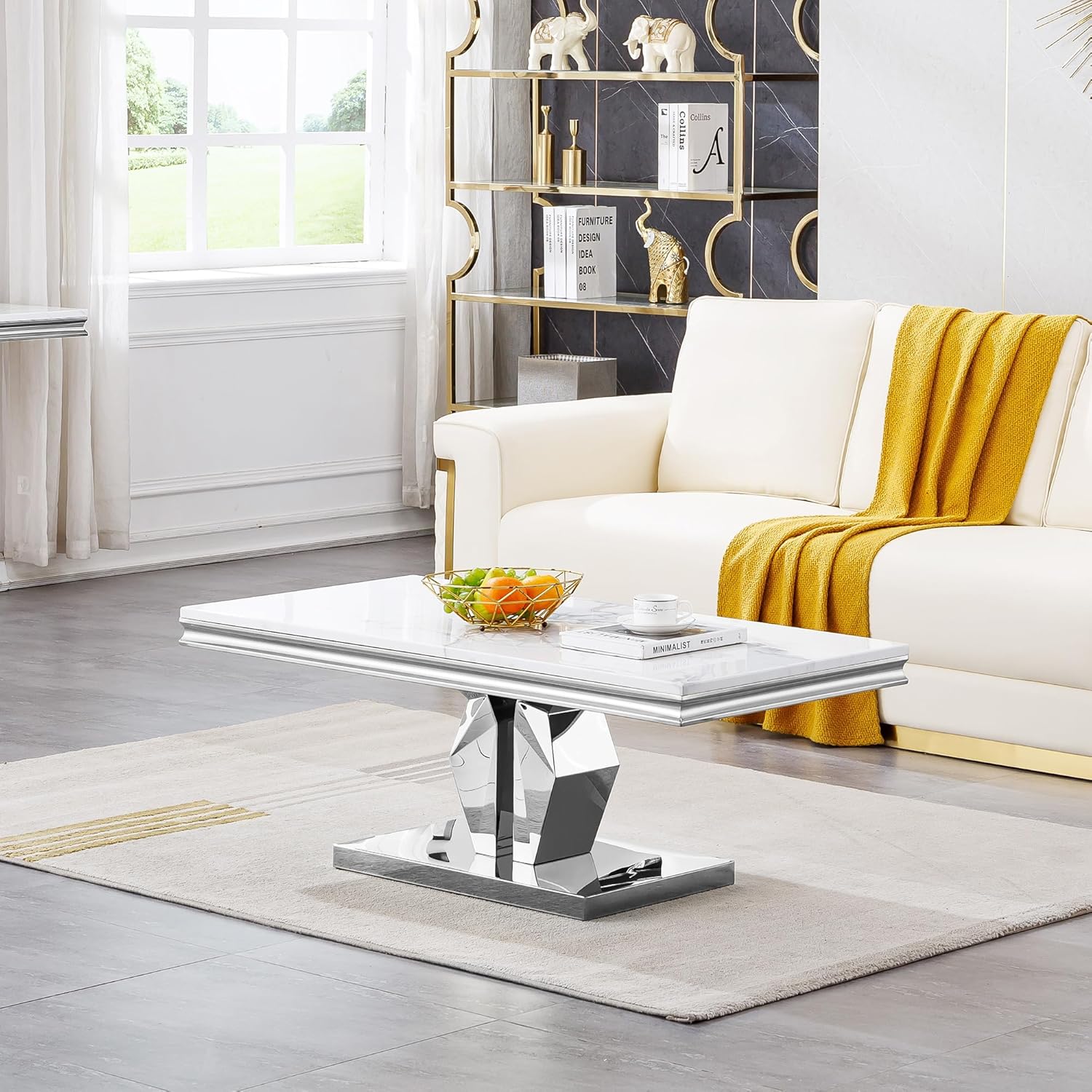 Luxury Faux Marble Coffee Table, 47.25" Sofa Coffee Table with Silver Stainless Steel Frame and Faux Marble Top, Modern Rectangular Cocktail Table for Living Room