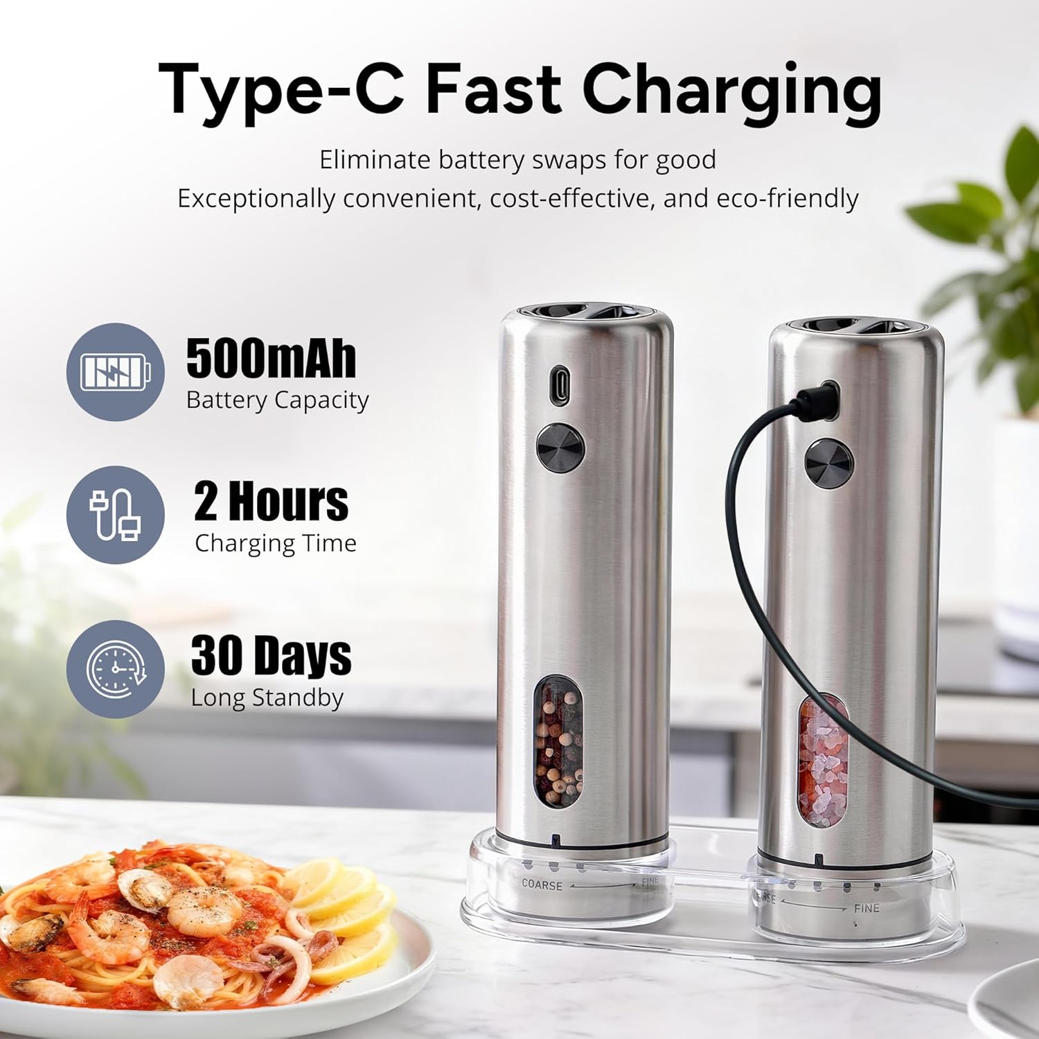 Rechargeable Electric Salt and Pepper Grinder Set - Mess-Free External Adjustable Coarseness, Stainless Steel Automatic Pepper Mill and Salt Grinder with Storage Base, Large Capacity, LED Light, USB-C