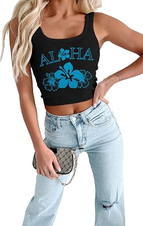 LUKYCILD Summer Crop Tank Tops Women Hawaiian Shirts Beach Tropical Graphic Shirt Cute Vacation Casual Vest Cami