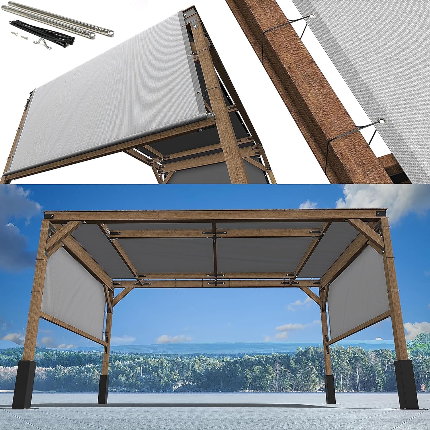 ShadeMart 8' x 16' Pergola Sun Shade Grey Canopy Outdoor Replacement Cover with Grommets and Stainless SteeWeighted Rods for Patio, Carport, Garden (We Make Custom Size)