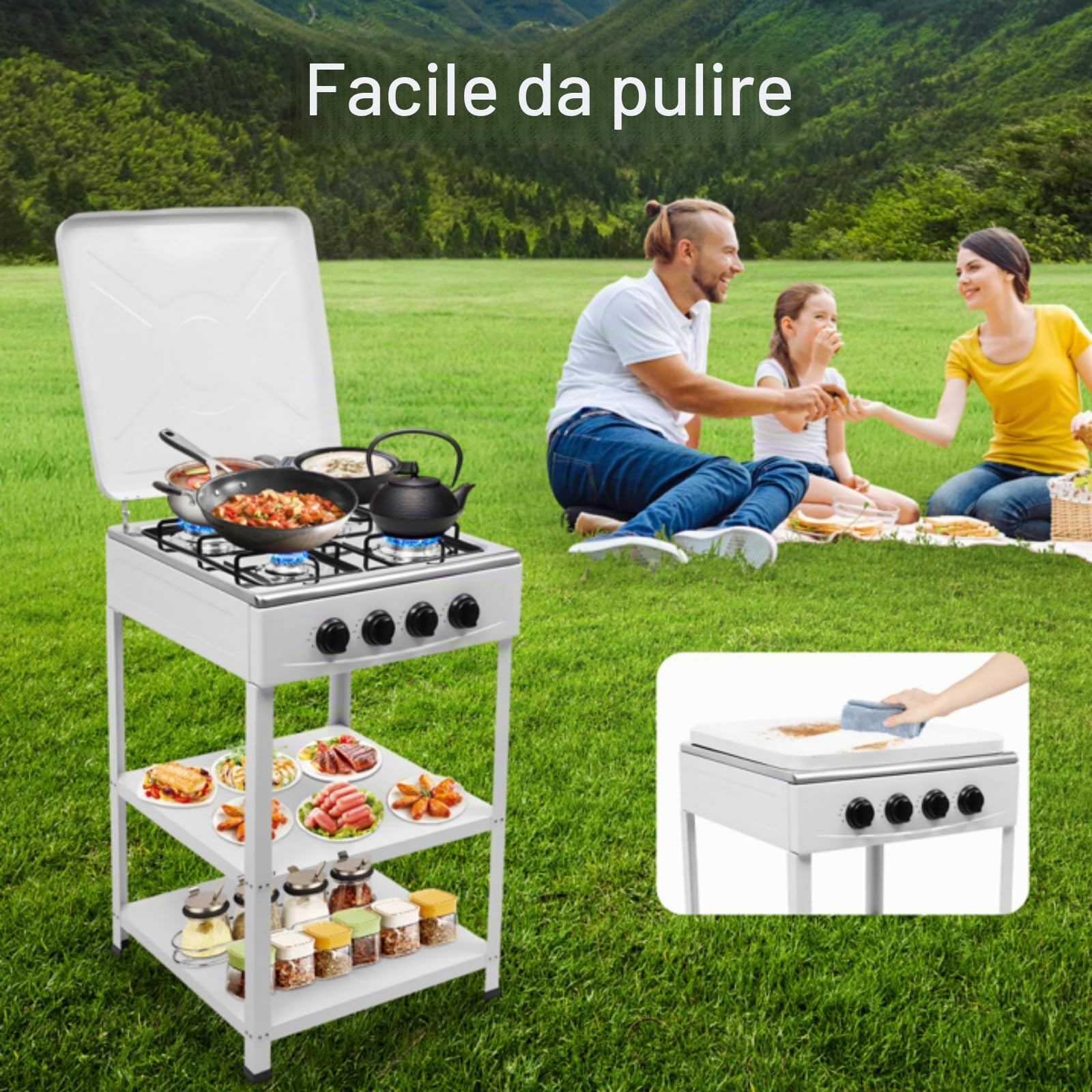 Fornello a gas 4 fuochi per famiglia e attività all'aperto - Efficienza di cottura - Facile utilizzo - Ideale per campeggio e emergenze - Bianco- Pratico e affidabile