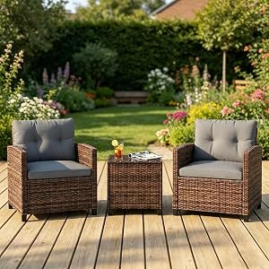 3 Piece Rattan Patio Furniture Set, Outdoor Wicker Chairs with Side Table, All-Weather Conversation Set for Balcony, Porch or Backyard, Brown Gradient Wicker with Gray Cushions