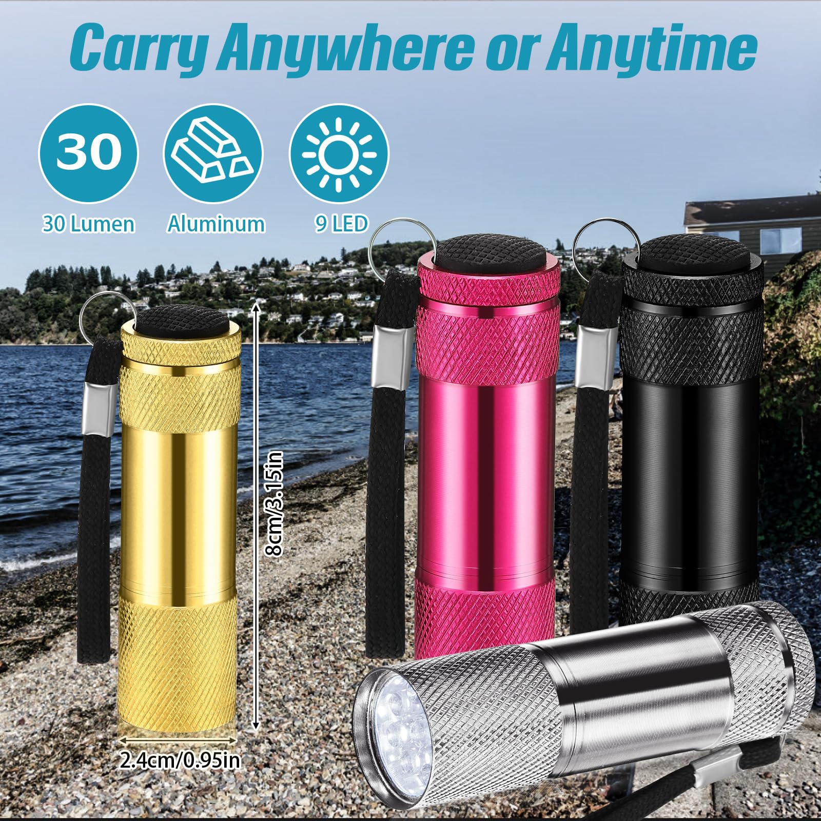VIHOSE 20 mini linternas de aluminio a granel 9 LED linterna de mano con cordón pequeña linterna a granel para niños, lectura nocturna, cortes de energía, camping y recuerdos de fiesta de Navidad