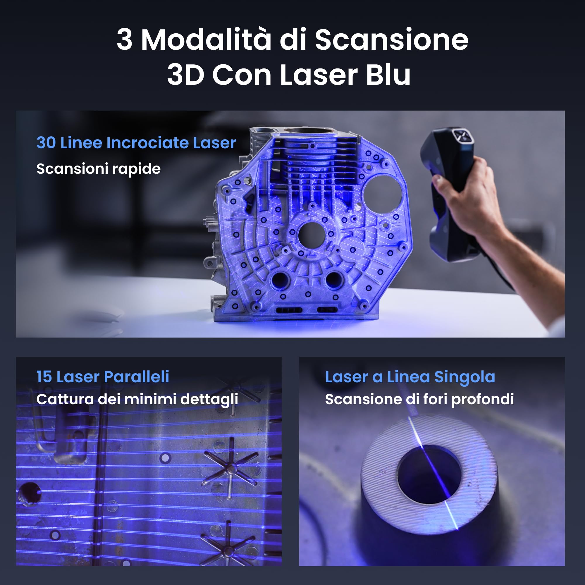 Revopoint MetroY Scanner 3D per stampa 3D, Portatile Laser Blu Industriale | Precisione da 0,01 mm, 30+15+1 Laser Blu, Condivisione Controllo in Streaming, Modelli e Misurazione 3D Industriali