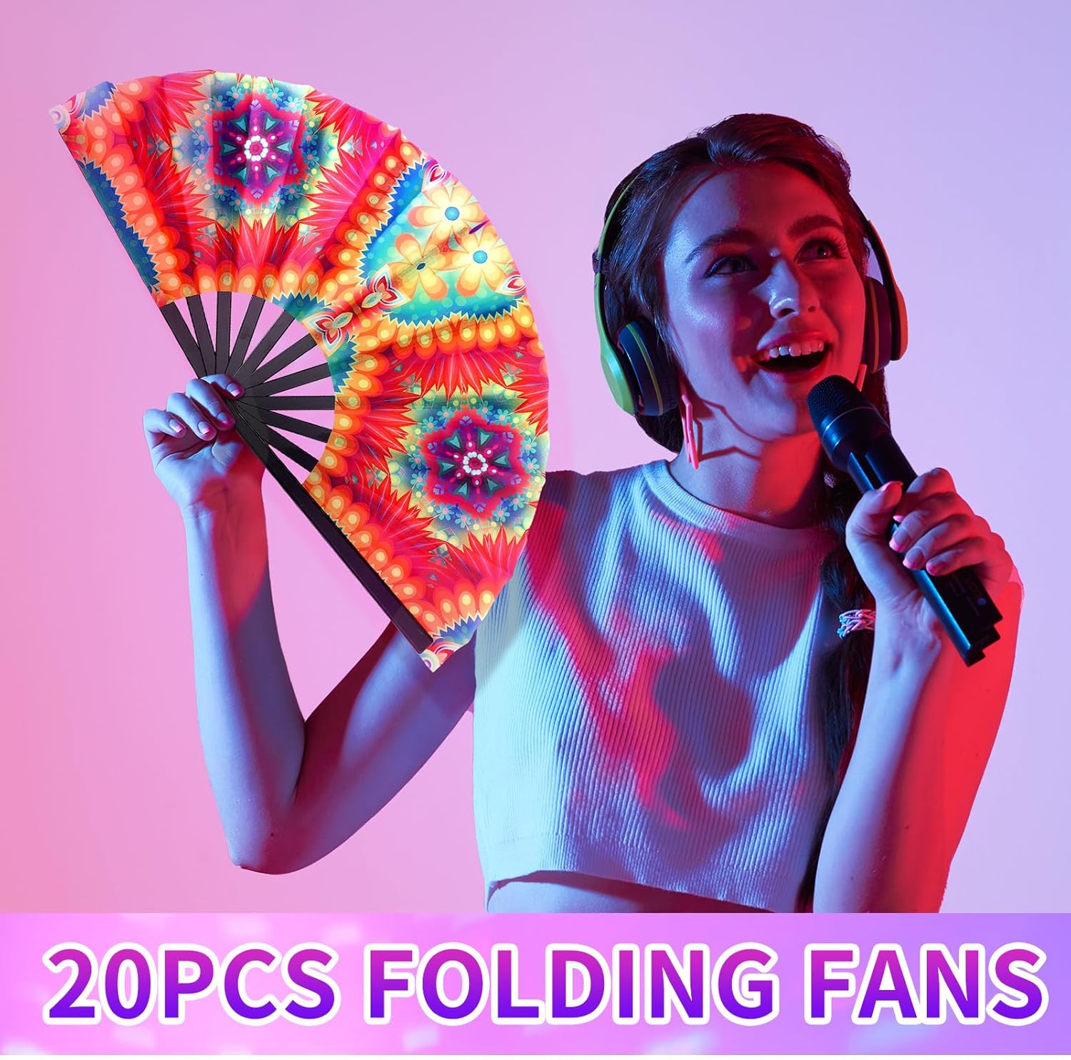 20 Pcs Rave Fans Bulk Large Folding Hand Fans with Plastic Ribs for Men Women, Chinese Japanese Rainbow Handheld with Fabric Case for Drag Queen Dance Club Music Festival Party(Innovative)