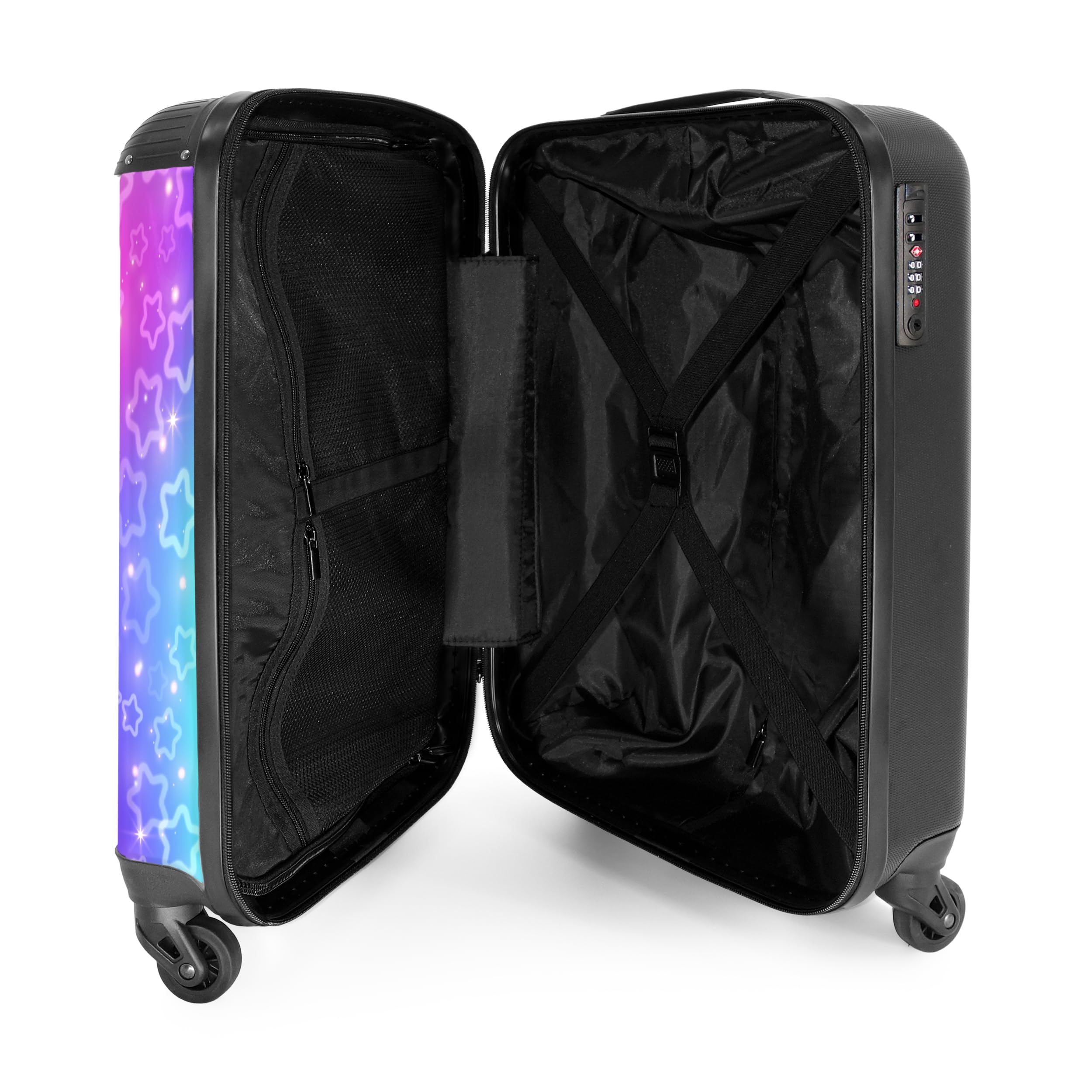 NoBoringSuitcases.com Kinderkoffer Mädchen, Reisetrolley Mit Rollen, Kinder Reisekoffer, Kindertrolley, Koffer Mädchen, Handgepäck Koffer, Handgepäck 55x40x20 cm (Sternenmuster - Lila-Rosa)