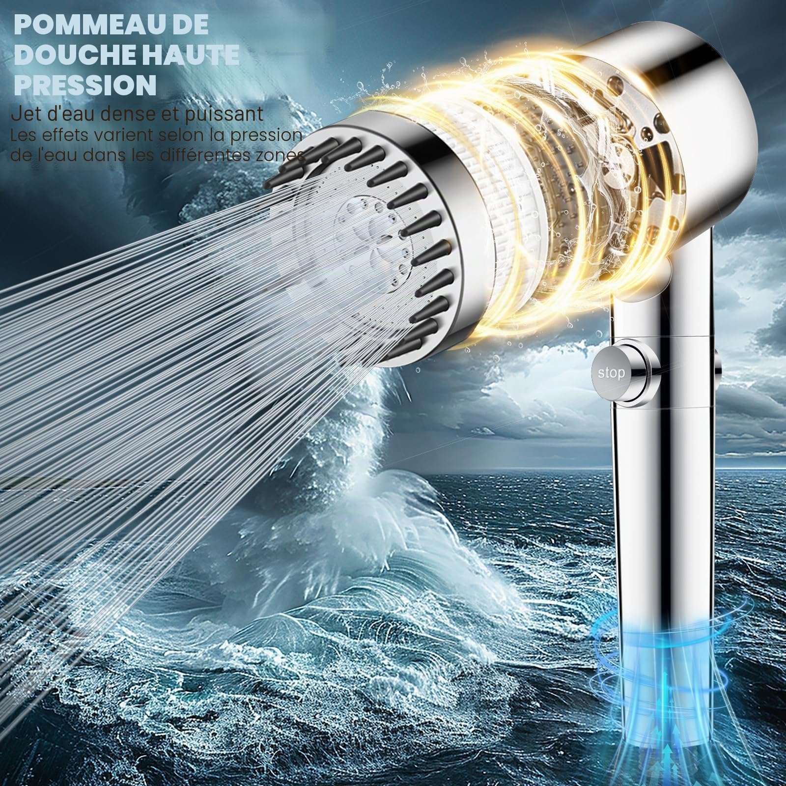 Pommeau de Douche Anti Calcaire avec 15 Étapes Filtre et Tuyau 2M Pomme de Douche Économie D'eau Haute Pression Douchette Douche Salle de Bain Filtrant avec 3+1 Types de Jets et Bouton D'arrêt(Argent)