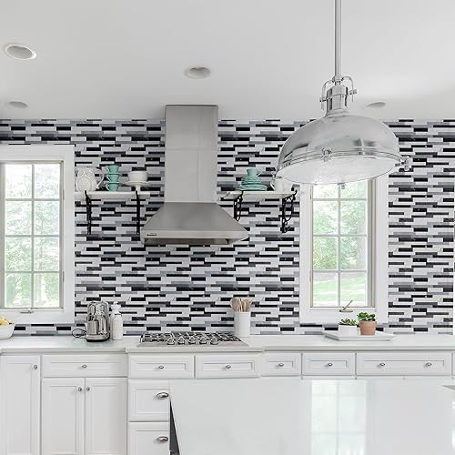 Miniatura 2 de 10 hojas de azulejos más gruesos para despegar y pegar, azulejos autoadhesivos para pared, diseño de piedra negra, para cocina, baño, lavandería,