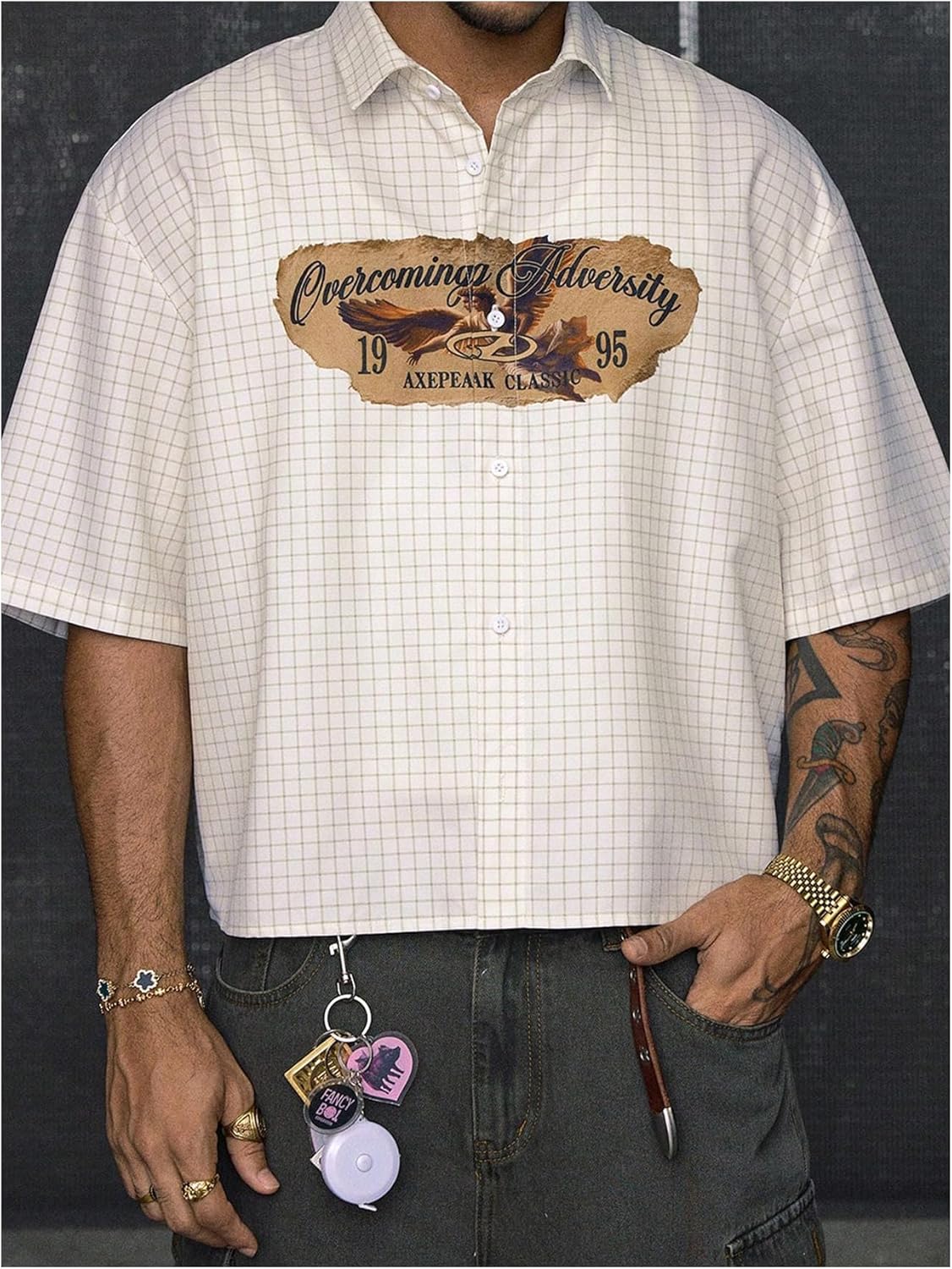 GORGLITTER Men's Plaid Cropped Shirts Button Down Up Graphic Flap Short Sleeve Collar Tops Casual Vintage - Image 4