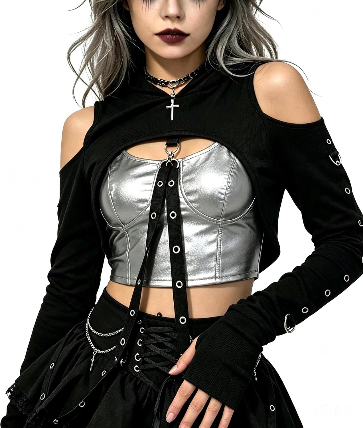 Womens Gothic Cropped Hoodie with Chain, Long Sleeve Y2K Grunge E-Girl Goth Emo Dark Academia Streetwear