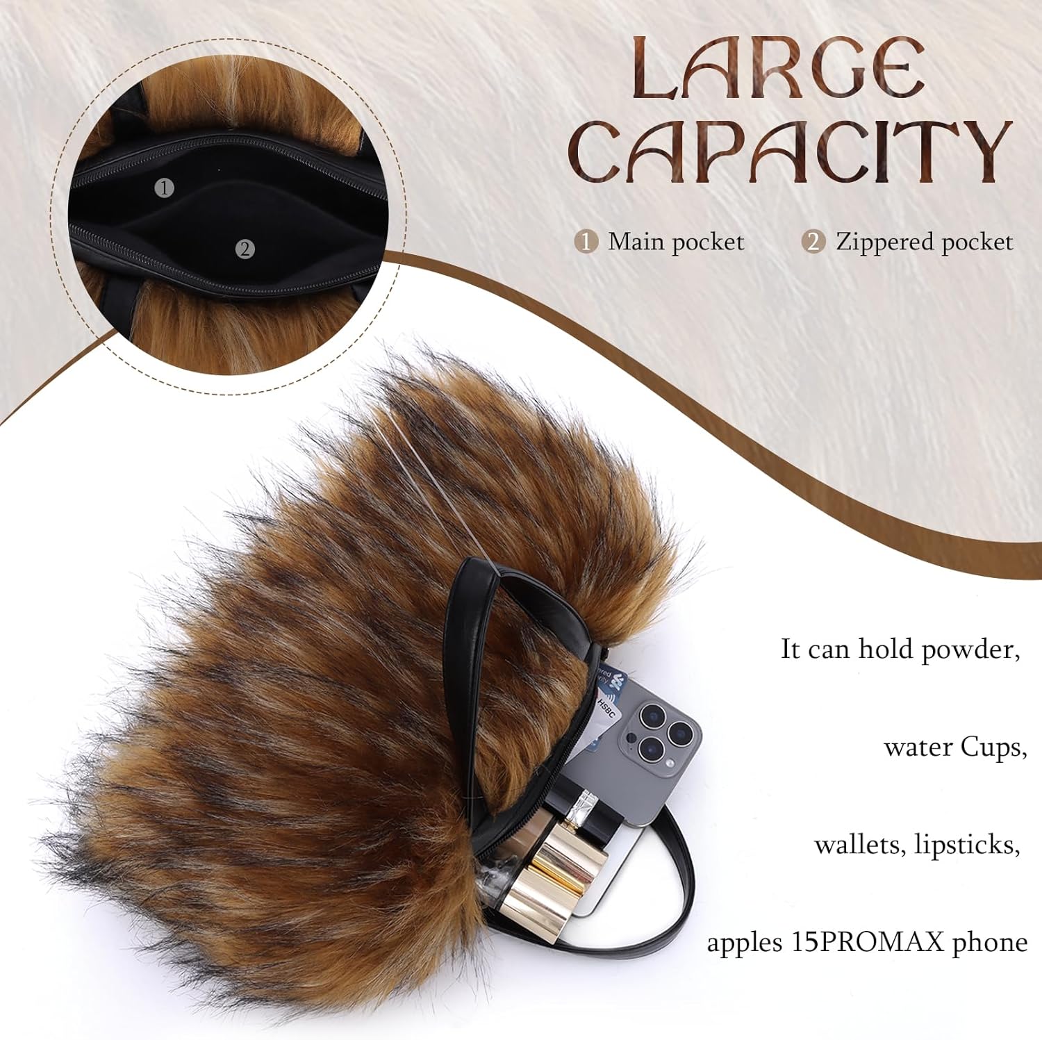 Fecialy Faux Fur Tote Bag for Women Fluffy Handbags Plush Crossbody Shoulder Bag Furry Hobo Purse