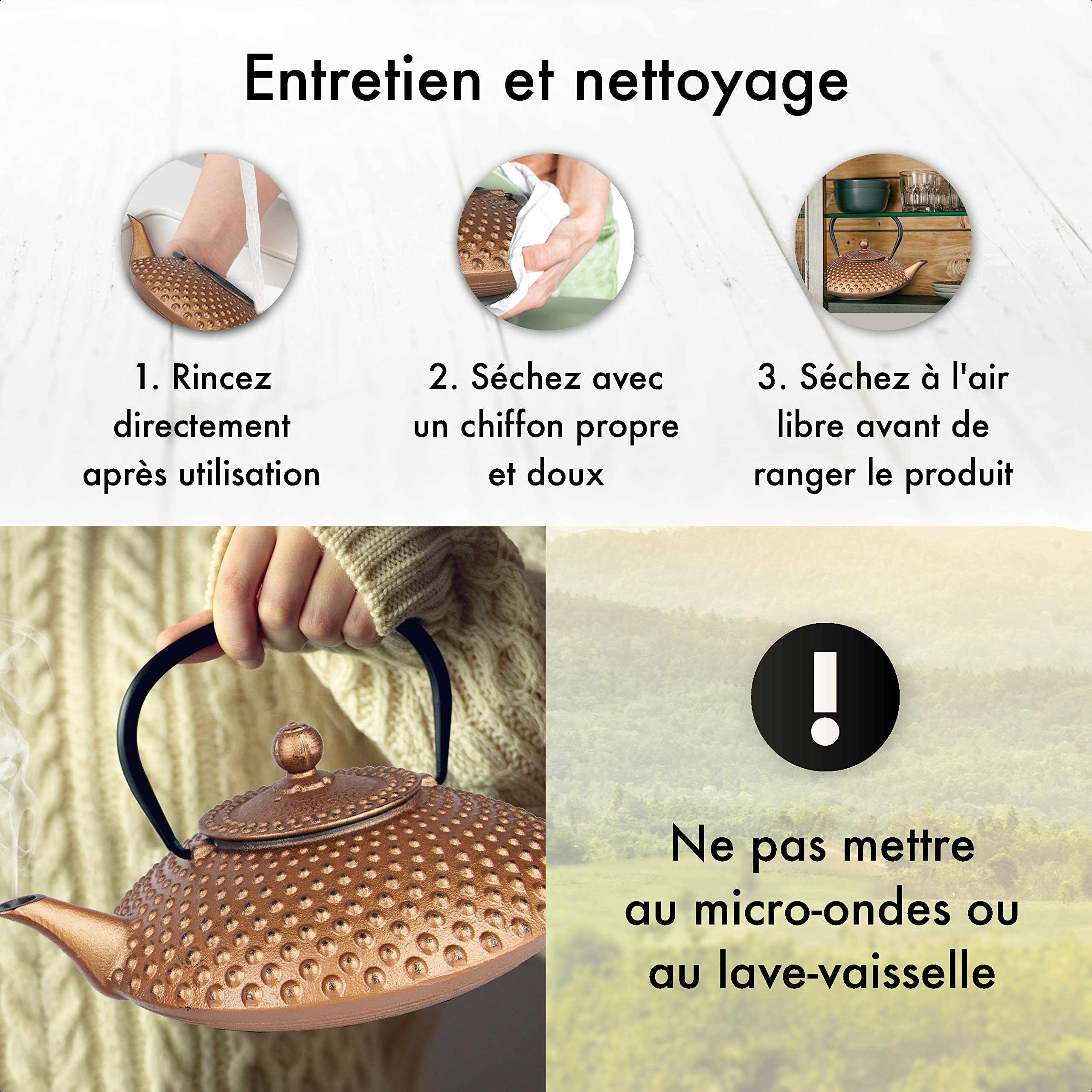 Kambin THEIERE FONTE1,25 LITER - Théière en Fonte avec Infuseur - Entièrement émaillée de l'intérieur - Prépare Une Tasse de Thé Parfaite – Design Authentique Japonais à Picots - Cuivre