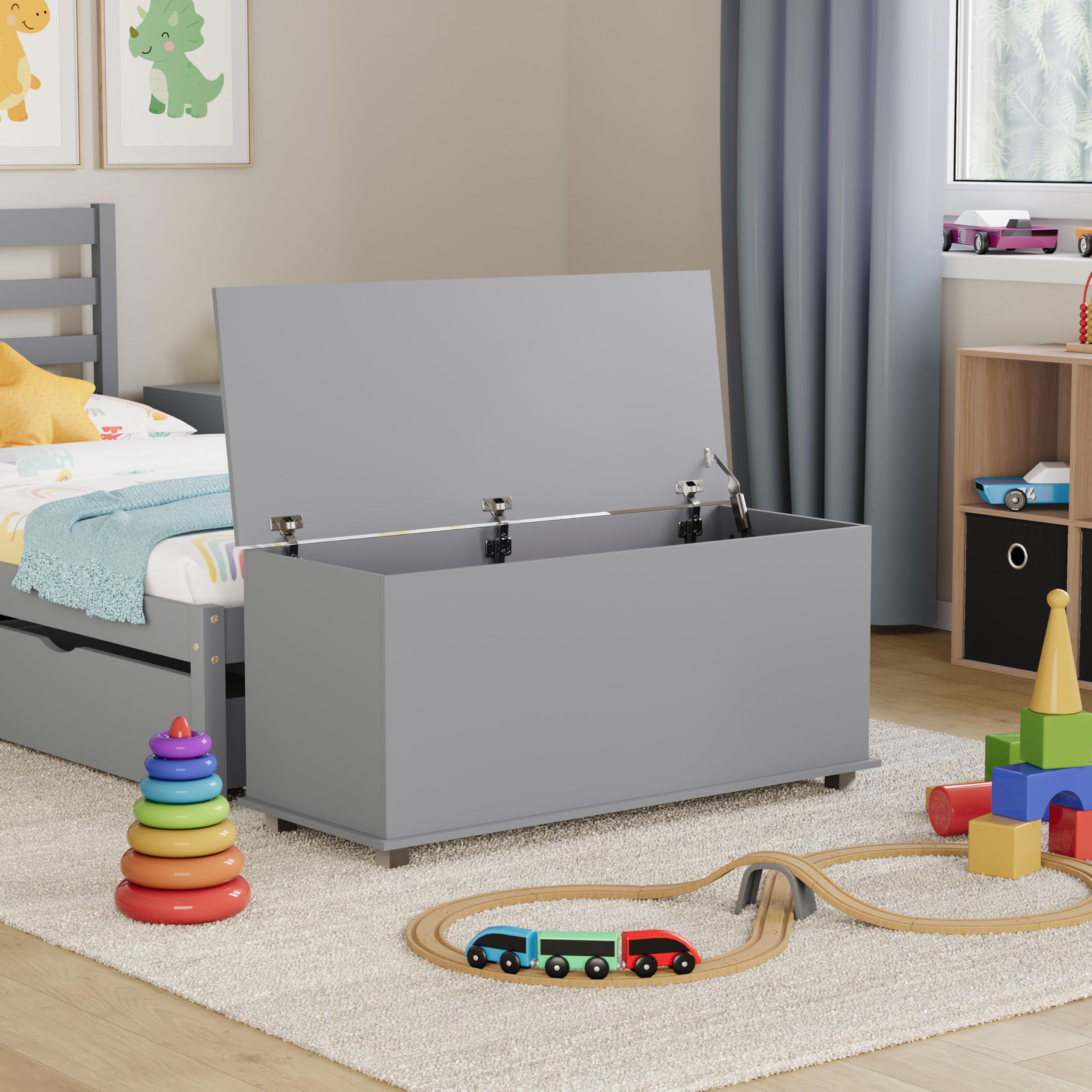 Vida Designs Leon - Caja de juguetes de madera para niños con tapa, fundas y mantas, contenedor ordenado para niños (gris)