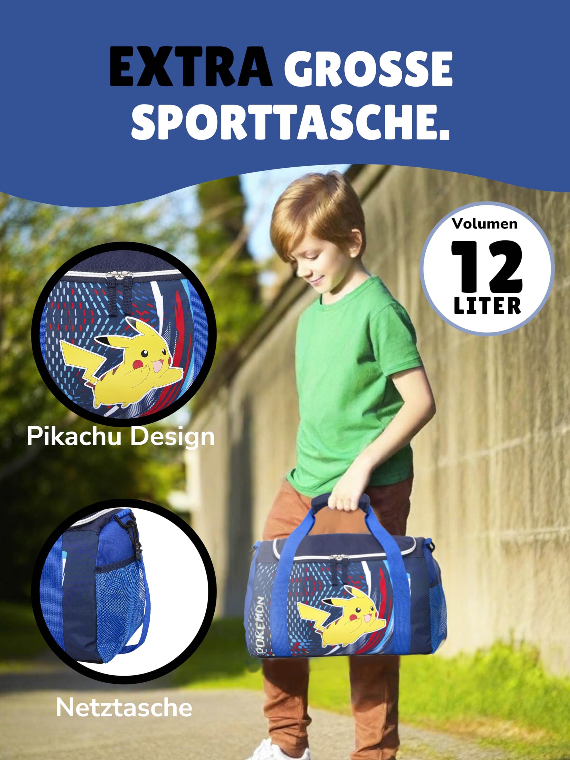 Familando - Schulranzen Set 6-teilig mit Sporttasche - Pokémon mit Pikachu Motiv - Ergonomisch, stabil & mit gepolstertem Rücken - 990g leicht, 16L Volumen - Mit Reflektoren - ab 1. Klasse