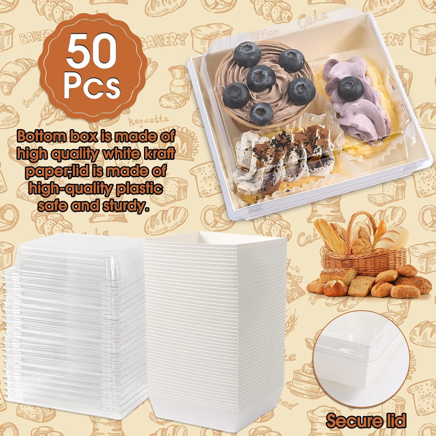50Pack Charcuterie Boxes with Clear Lids,Square Paper Charcuterie Box,Disposable Food Containers Bakery Boxes,5Inch Oil-Proof Dessert Boxes for Sandwich Sushi Cake Slice Strawberries Swiss Roll(Brown) | Oil-Proof Disposable Food Containers Bakery Boxes, Dessert Boxes for Sandwich Sushi Cake Slice Strawberries Swiss Roll